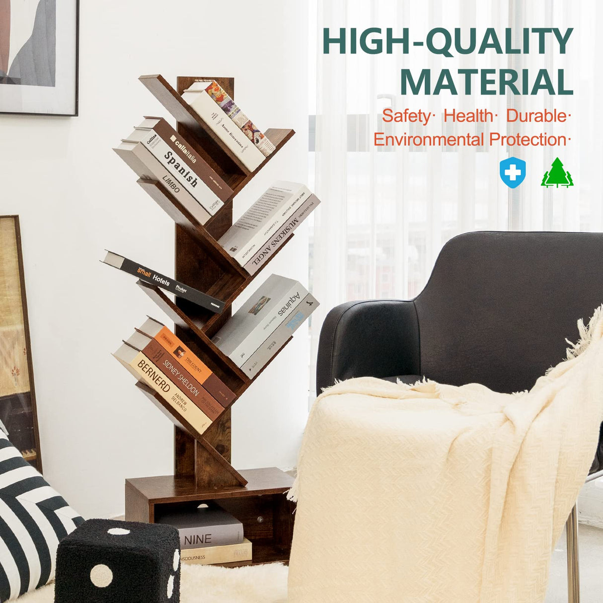 Yoobure Rustic Brown Tree Bookshelf - 6-Shelf Tall Book Storage Rack for Home and Office Yoobure