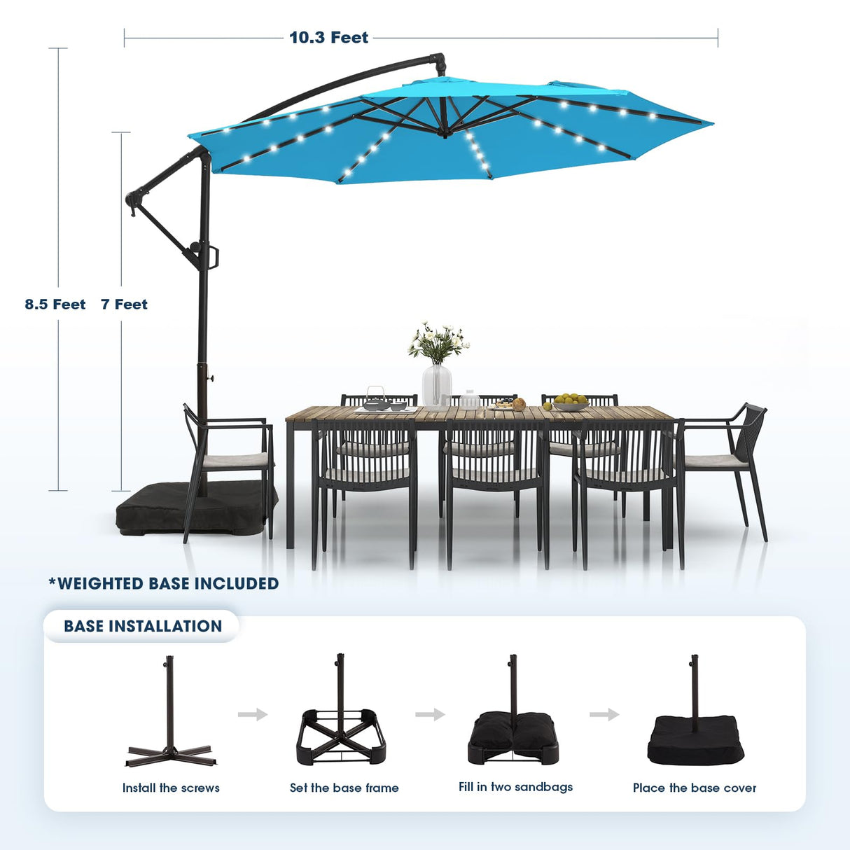wikiwiki 10FT Solar Patio Offset Umbrella with Base Included, Outdoor Cantilever Umbrella Hanging Umbrellas with Weighted Sandbag Base, Market Patio Umbrella for Backyard, Garden & Deck, Sky Blue wikiwiki