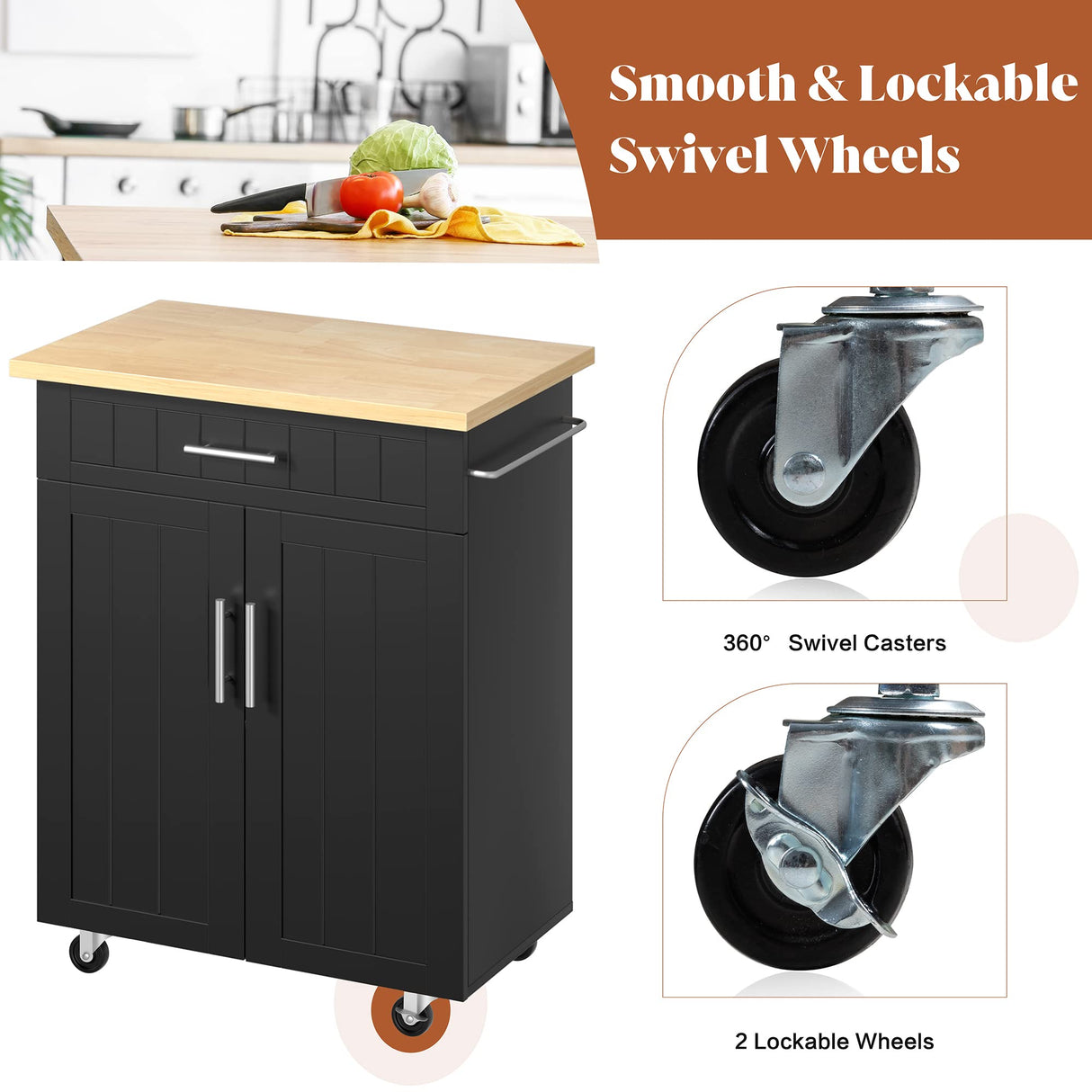 SUNLEI Kitchen Island on Wheels with Storage Cabinet & Drawer, 26" Width Rolling Kitchen Table, Cart Handle for Towel Rack or Free Mobility, Portable Islands for Kitchen, Dining Room(Black) SUNLEI