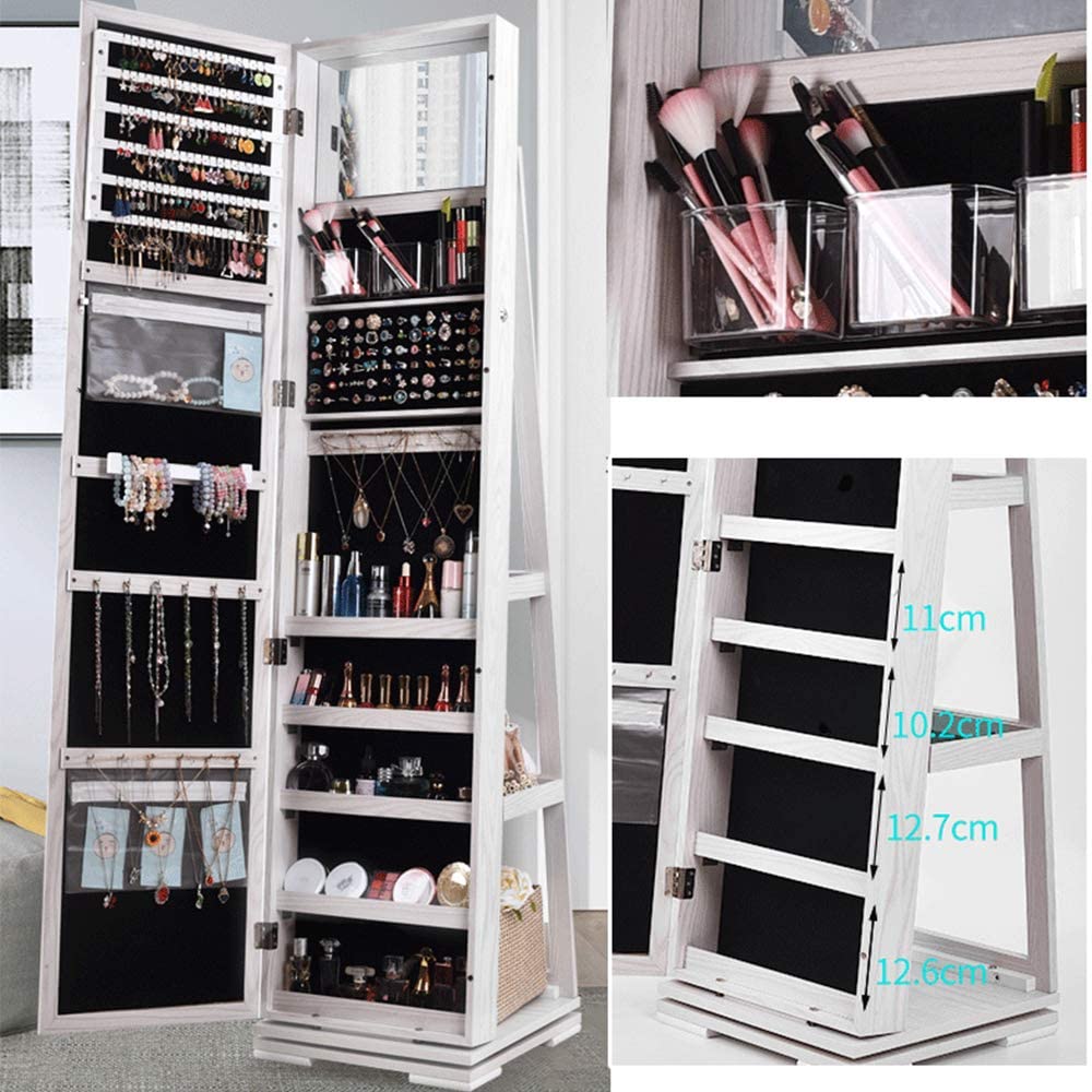 SDHYL Rotating Jewelry Cabinet with Mirror, Full Length Wooden Storage Armoire with Lock SDHYL