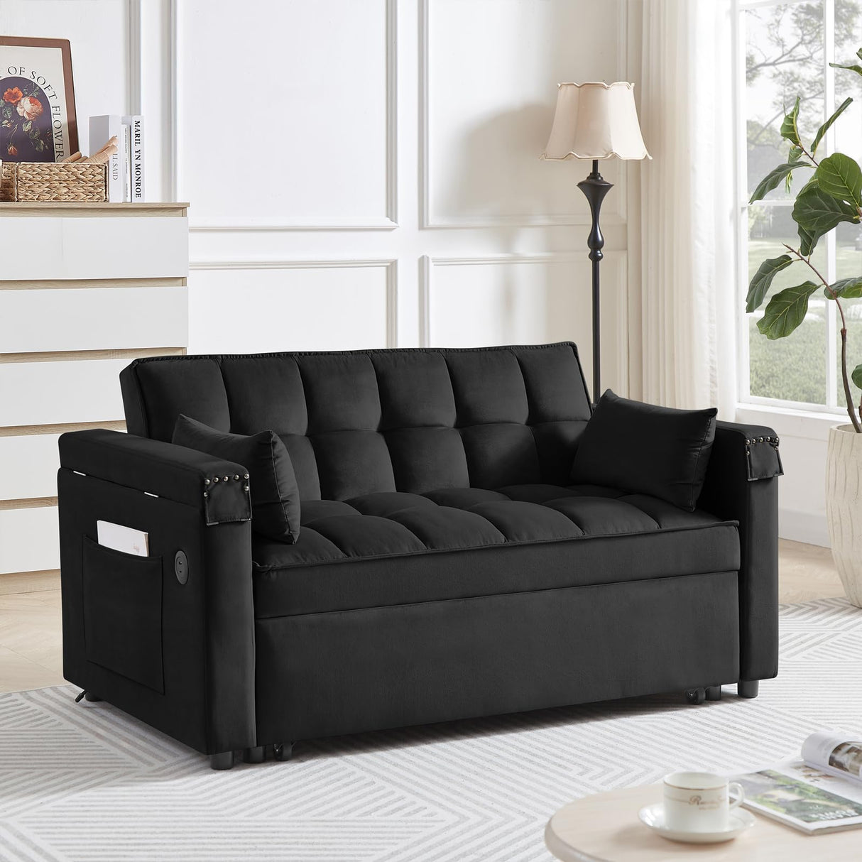 Convertible Sofa Bed,3-in-1 Velvet Sleeper Couch Pull-Out Bed,55'' Loveseat Sleeper Sofa Bed with Adjustable Backrest with 2 Pillows and Storage Bag & USB Port and Hidden Side Computer Table,Black WIIS' IDEA