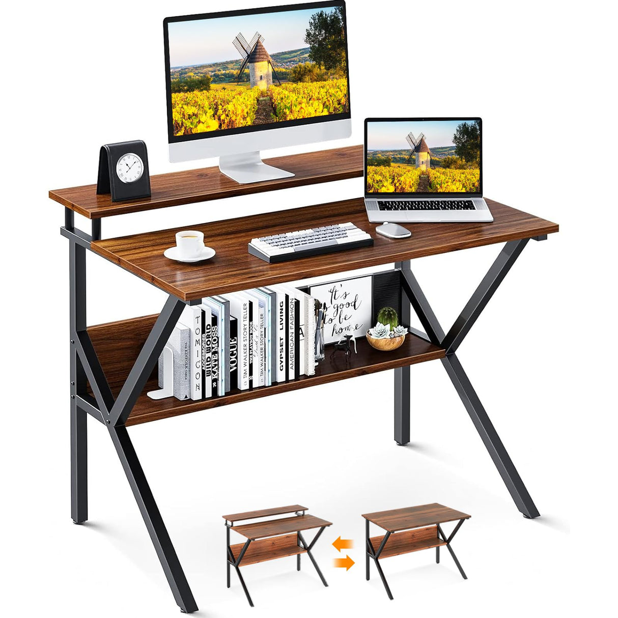 ODK Small Desk, 27.5 Inch Small Computer Desk for Small Spaces, Compact Desk with Storage, Tiny Desk Study Desk with Monitor Stand for Home Office, Espresso ODK