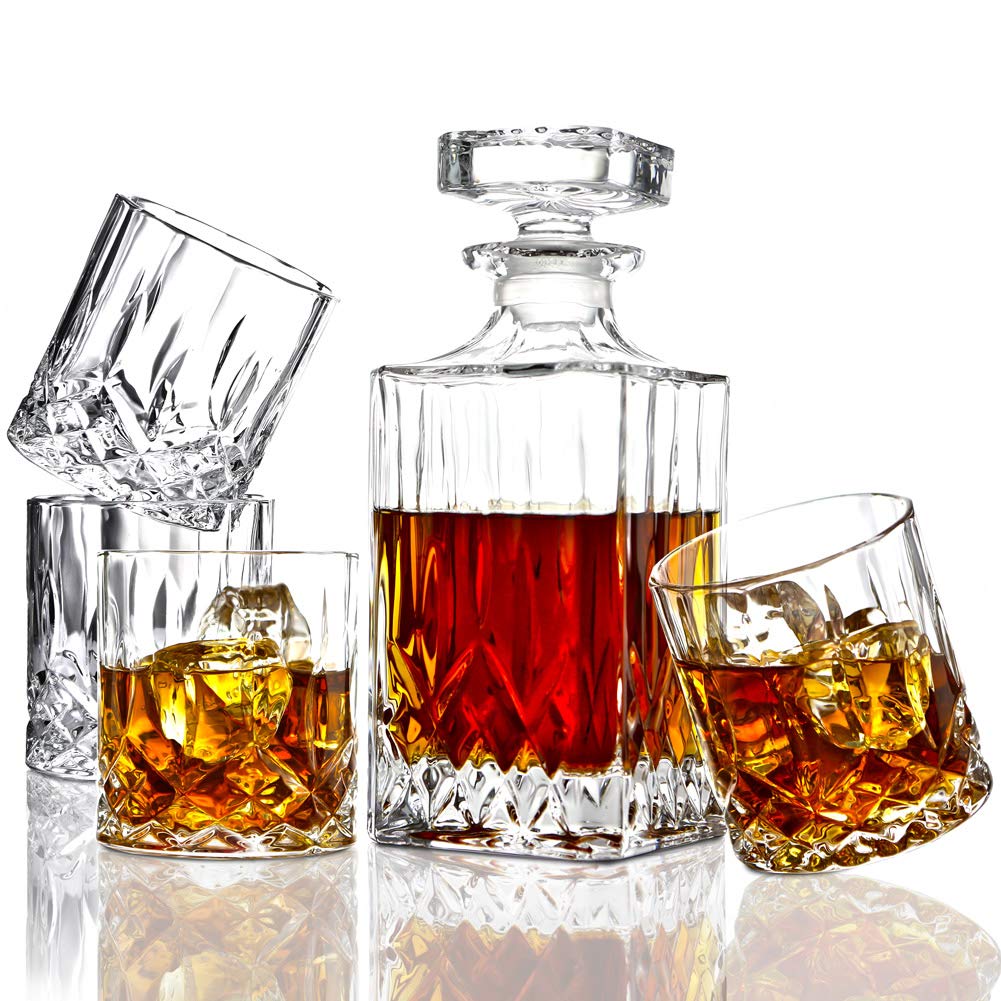 ELIDOMC 5PC Italian Crafted Crystal Whiskey Decanter & Whiskey Glasses Set, Crystal Decanter Set With 4 Whiskey Glasses, Whiskey Decanter Sets for Men. E