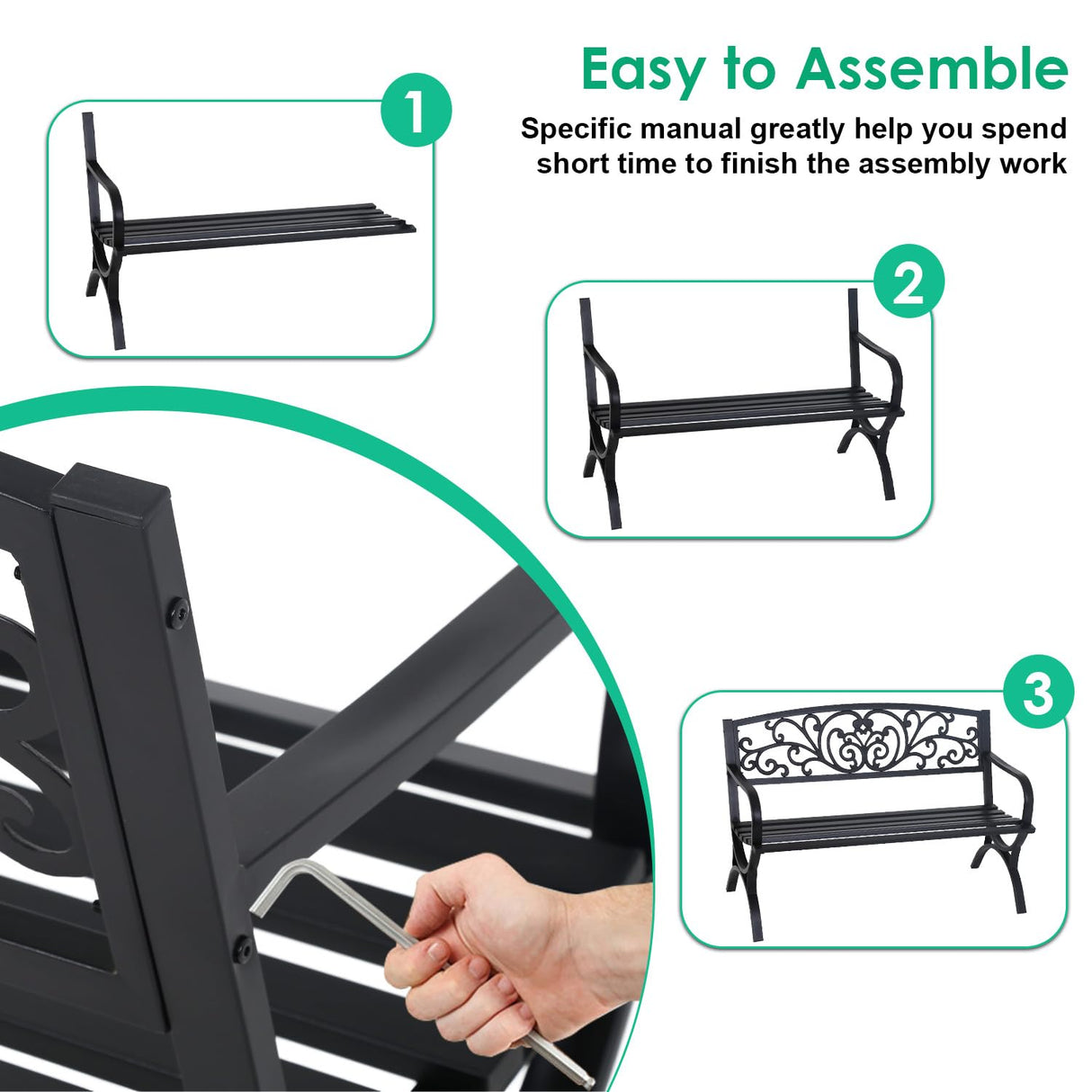 FDW Outdoor 50 Inches Garden Bench, Slatted Seat Armrests Floral Design Backres and Arch Legs, Perfect for Park, Yard, Porch, Lawn, Balcony, Backyard, Black FDW