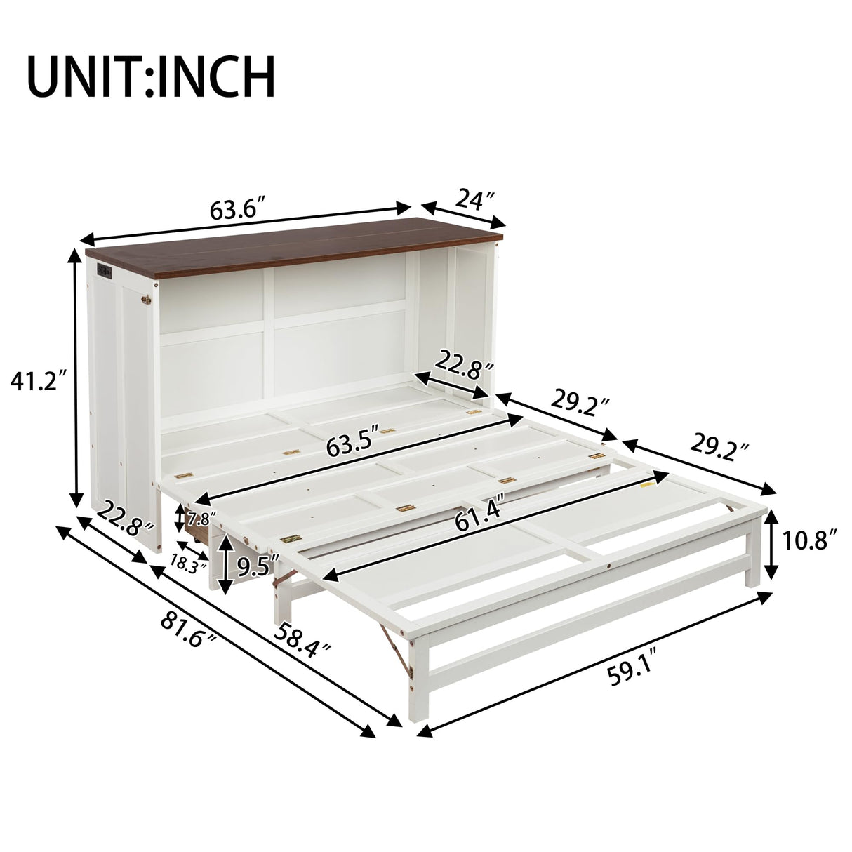 Queen Size Murphy Bed Cabinet, Murphy Bed Cabinet with Storage Drawer and Charging Station, USB Port, Solid Pine Wood Murphy Bedframe for Home Office Studio Guest Room, White Walnut RuiSiSi