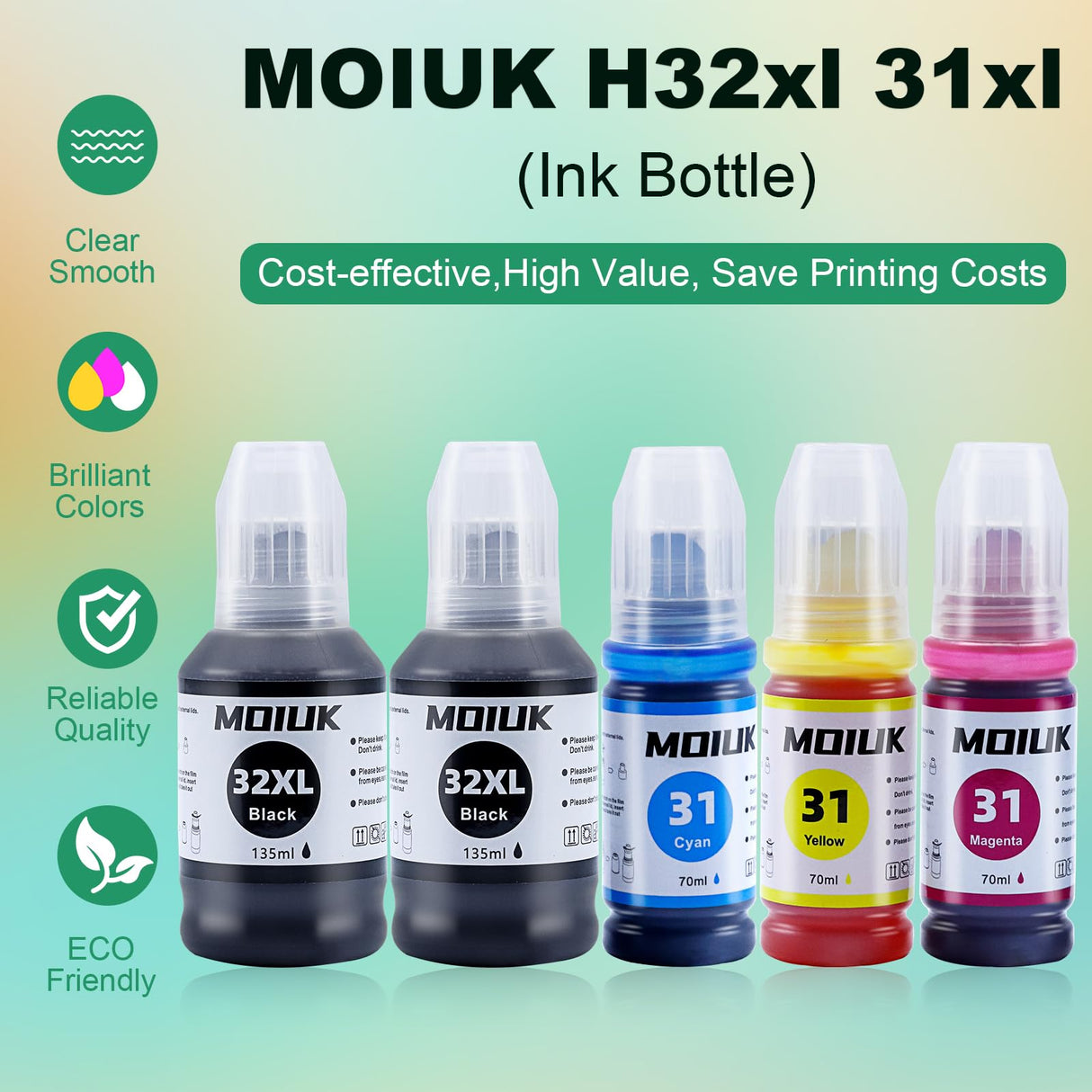 High Capacity Compatible with HP 31 32XL Ink Refill Bottles Set for HP Smart Tank 7301, 7602, 5000, 6001, 5101 5102 Plus 651 551 455 457 450 All-in-One Ink-Tank (5 Bottles: 2BCMY) MOIUK