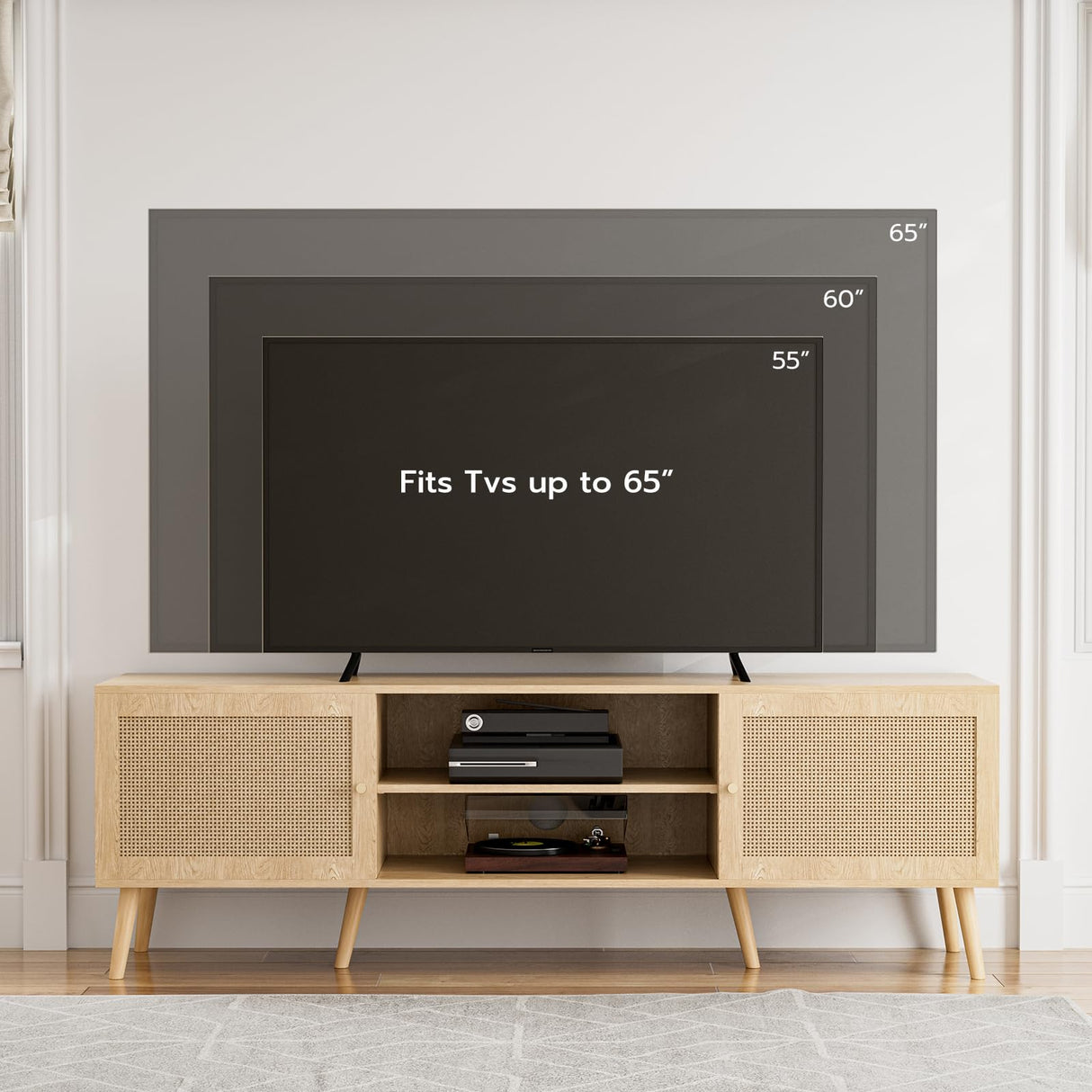 ZttRiee TV Stand for TVs up to 65'', Entertainment Center with Rattan Door, Shelves & 2 Cabinets, Long Boho Media TV Console for Living Room, Natural ZttRiee