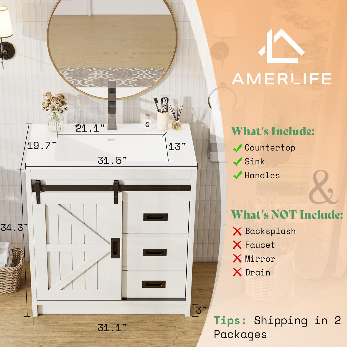 AMERLIFE Farmhouse Bathroom Vanity with Sink Combo, 31in Sliding Barn Door Bathroom Vanity Cabinet Set with Storage Drawers, Metal Handles, Small Single Bath Storage Vanity Sink, Antique White AMERLIFE