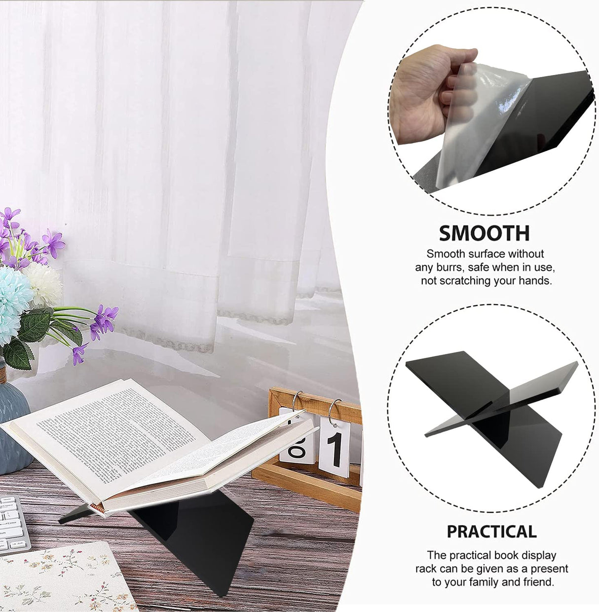 Hopysgiien Black Book Stand - Acrylic Open/Closed Book Display Stand for Bibles, Cookbooks, Magazines, Textbooks, Recipe Holders & Picture Display Hopysgiien