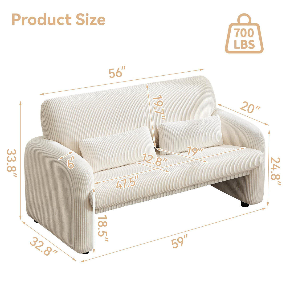 WUTUTUEE 56'' Corduroy Loveseat Sofa, 2 Seater Love Seat Couch for Small Space, Comfy Upholstered Modern Leisure Loveseat Couches with Lumbar Pillows for Bedroom, Office, Living Room, White WUTUTUEE