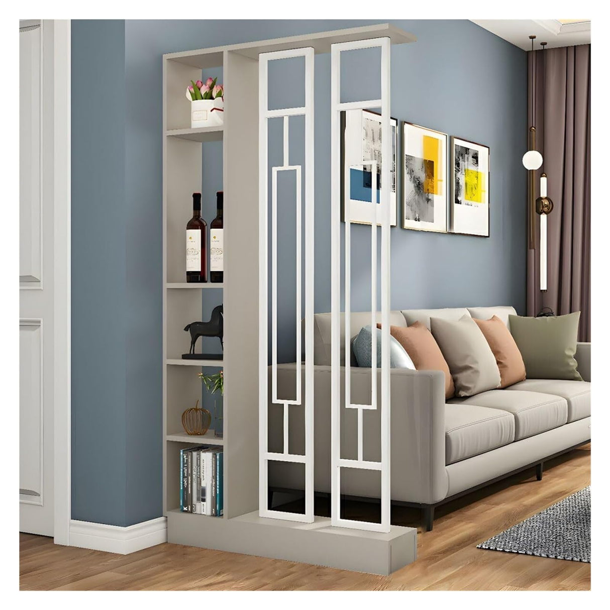 Wall Room Divider with Shelves, Modern Freestanding Wood Room Dividers Bookshelf with Storage Cabinet, Room Divider Bookcase for Home Bedroom Decoration Decorative(Khaki Gray White,80CM/31.5IN) Fakednss