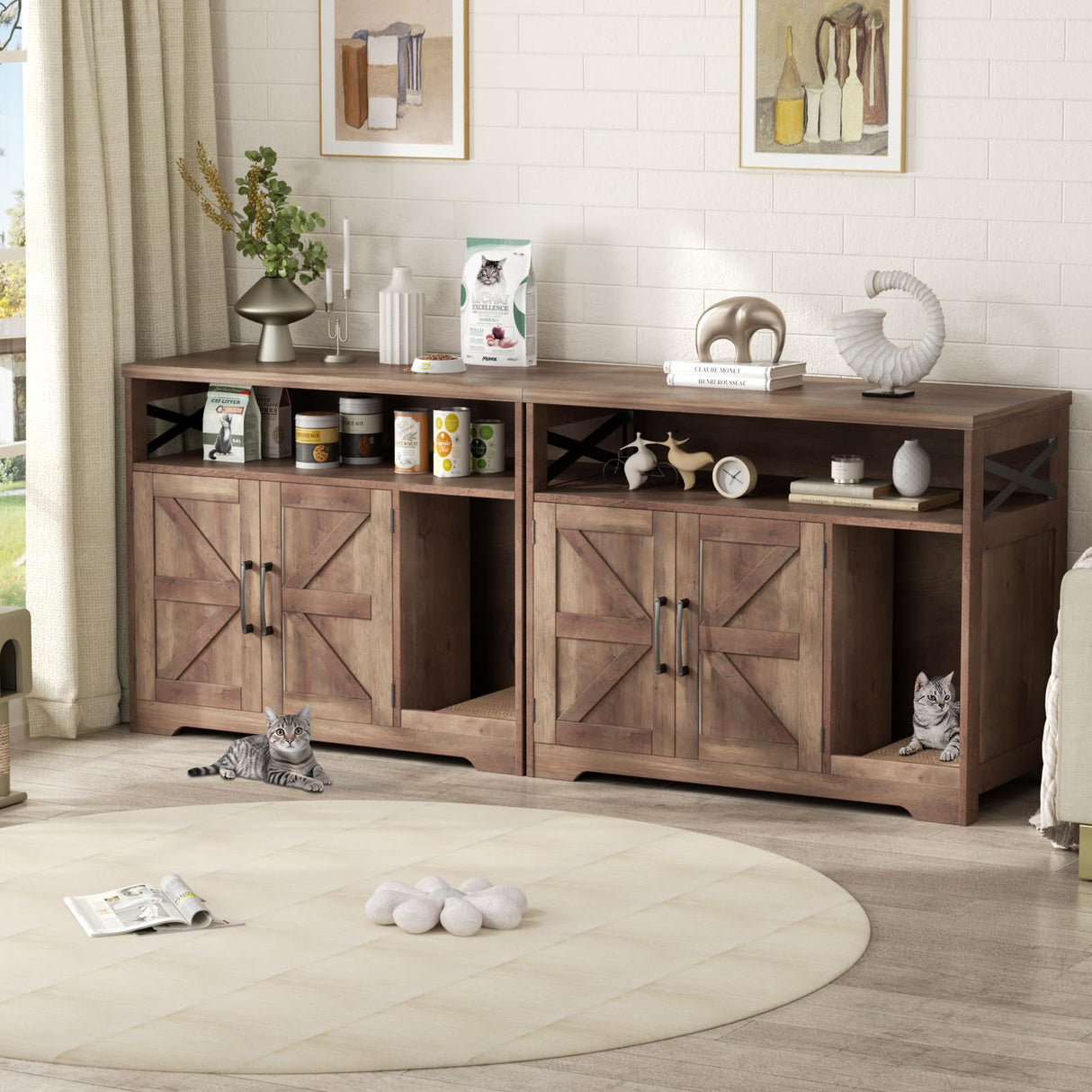 Halitaa Cat Litter Box Enclosure, Hidden Litter Box Furniture with Scratch Pad, Farmhouse Indoor Cat House Washroom End Table, Retro Brown Halitaa