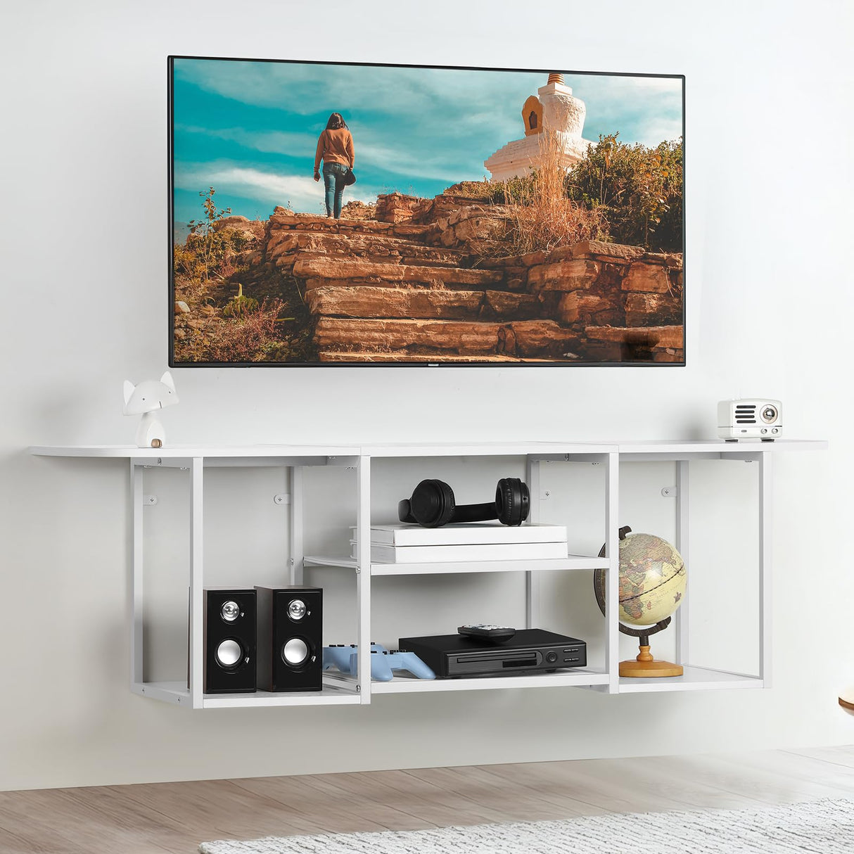 ETELI Floating TV Shelf Stand Under TV Wall-Mounted Entertainment Center Industrial TV Media Console Table with Storage for Bedroom 50" TV Living Room Office, White ETELI