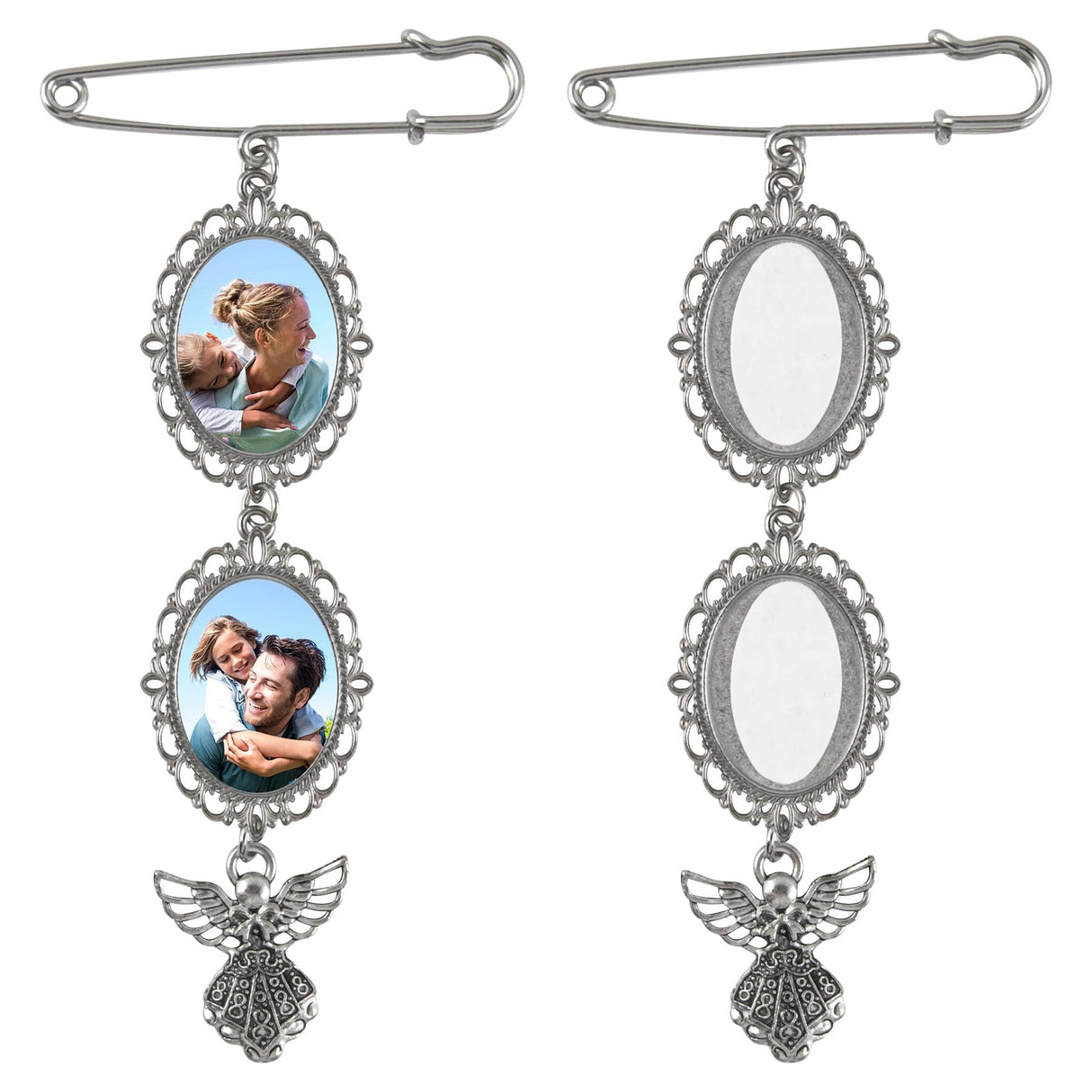 Framendino, 2 Pack Sublimation Blank Bouquet Photo Charms Pin Pouch with Angel Pendant Wedding Memory Bridal Bouquet Picture Charm Clip DIY Jewelry Making 2 Sheet Framendino