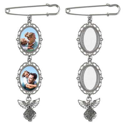 Framendino, 2 Pack Sublimation Blank Bouquet Photo Charms Pin Pouch with Angel Pendant Wedding Memory Bridal Bouquet Picture Charm Clip DIY Jewelry Making 2 Sheet