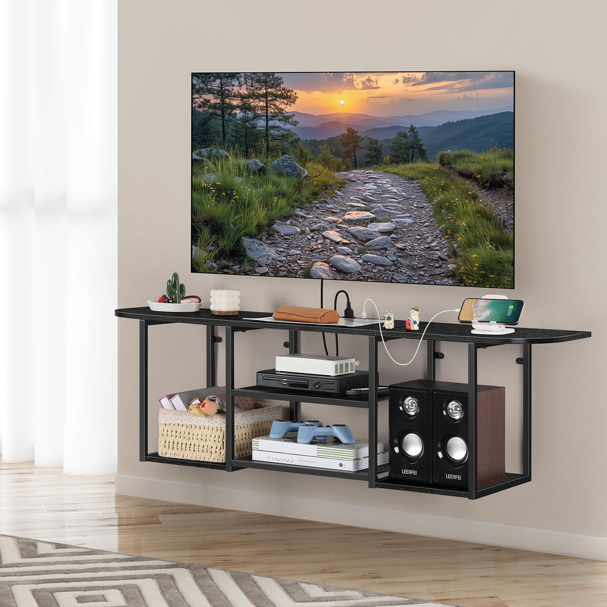 BTY Floating TV Shelf with Power Outlet, Black TV Console with USB Ports, Industrial Under TV Cabinet for 50 Inch TV, Modern Entertainment Center for Bedroom, Living Room BTY
