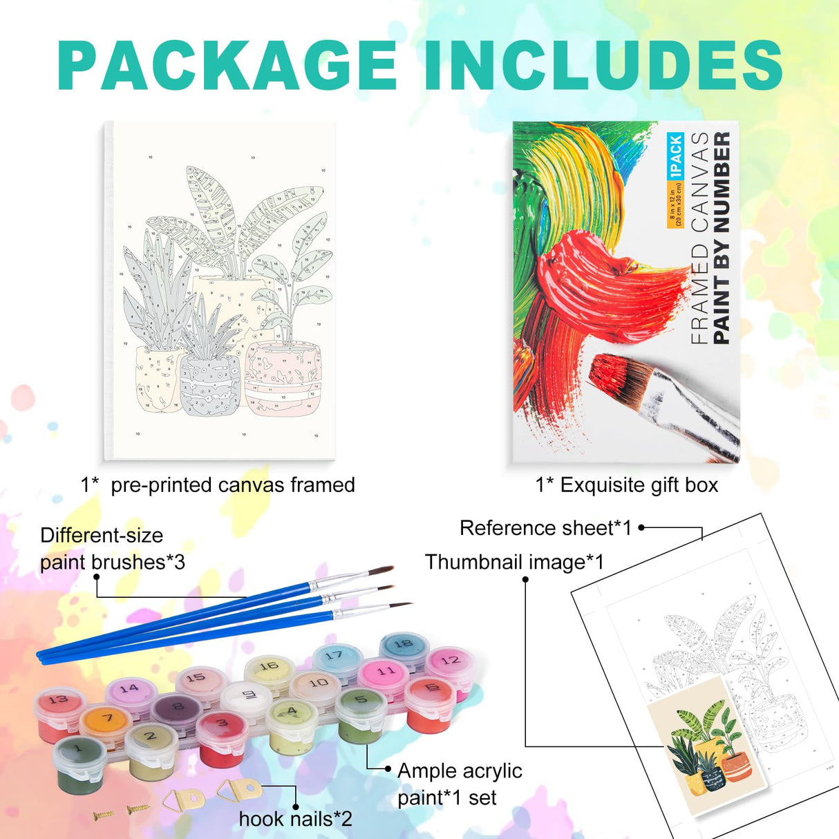 Framed Paint by Numbers Kit for Adults Beginner, Plants Easy Paint by Number Kits on Canvas Framed, Green Plant DIY Acrylic Oil Painting by Numbers with Frame for Gift Home Decor 8 x 12 inch GEEHEIY