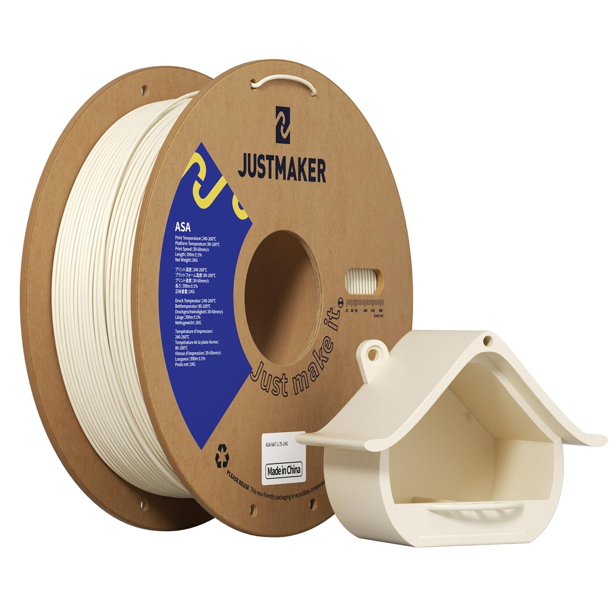 ASA 3D Printer Filament, High Temperature and Weather Resistant, Good Compatibility, Upgrade Cardboard Spool, 1kg, Dimensional Accuracy +/-0.03mm, 1.75mm, Natural JUSTMAKER