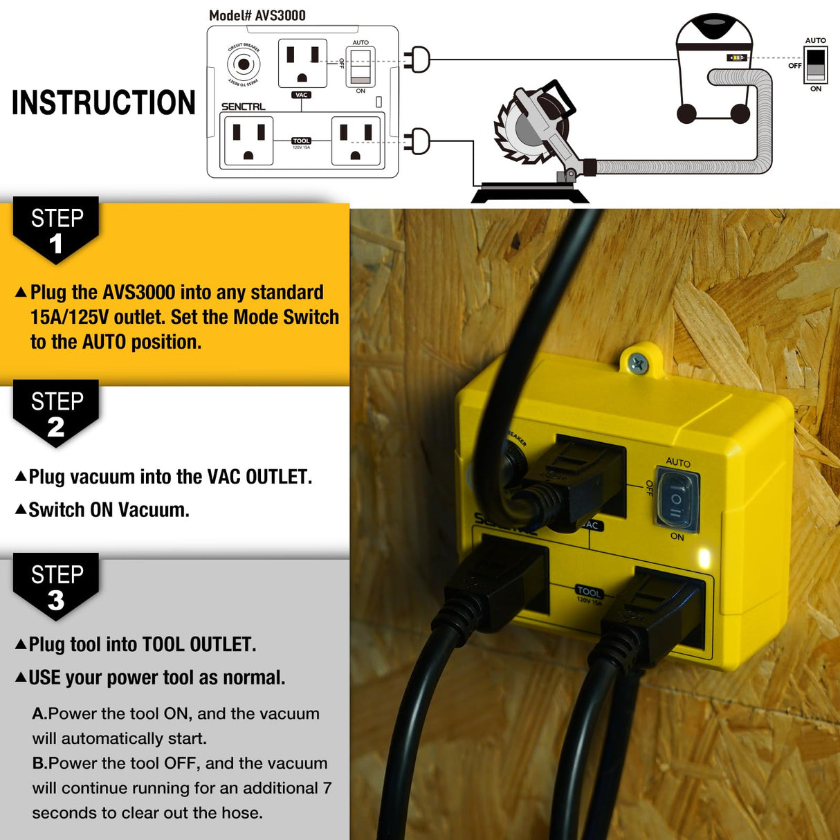 SENCTRL Automatic Vacuum Switch for Power Tools to Turn Dust Collector On and Off Automatically, Auto Switch for Woodworking Table Saw, Delay Shut Off Shop Vac, Safety Overload Circuit Breaker senctrl