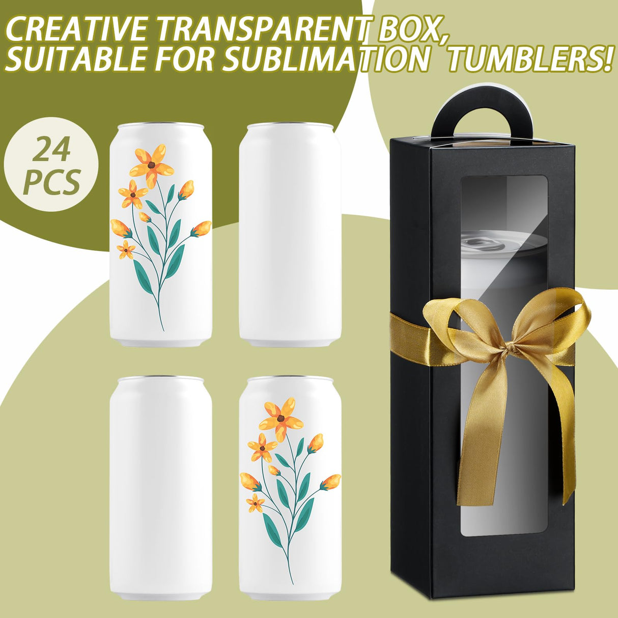 Ctosree 24 Pcs Tumbler Gift Box with Handle Gift Box for Sublimation Tumblers Heat Press Blanks Bottle clear Gift Box for Wine Bottle Cup Wrapping Packaging, 11 x 3.4 x 3.4 Inches (Black) Ctosree