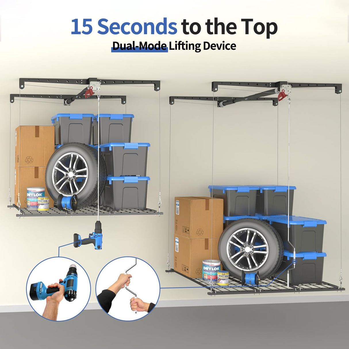 KOKORACKER Garage Ceiling Storage Racks, Heavy-duty 4x4 Ft Overhead Garage Storage Rack with Safety Lock, Ideal for Overhead Storage Mounted Lift System and Storage Organizer, 250lbs Capacity KOKORACKER
