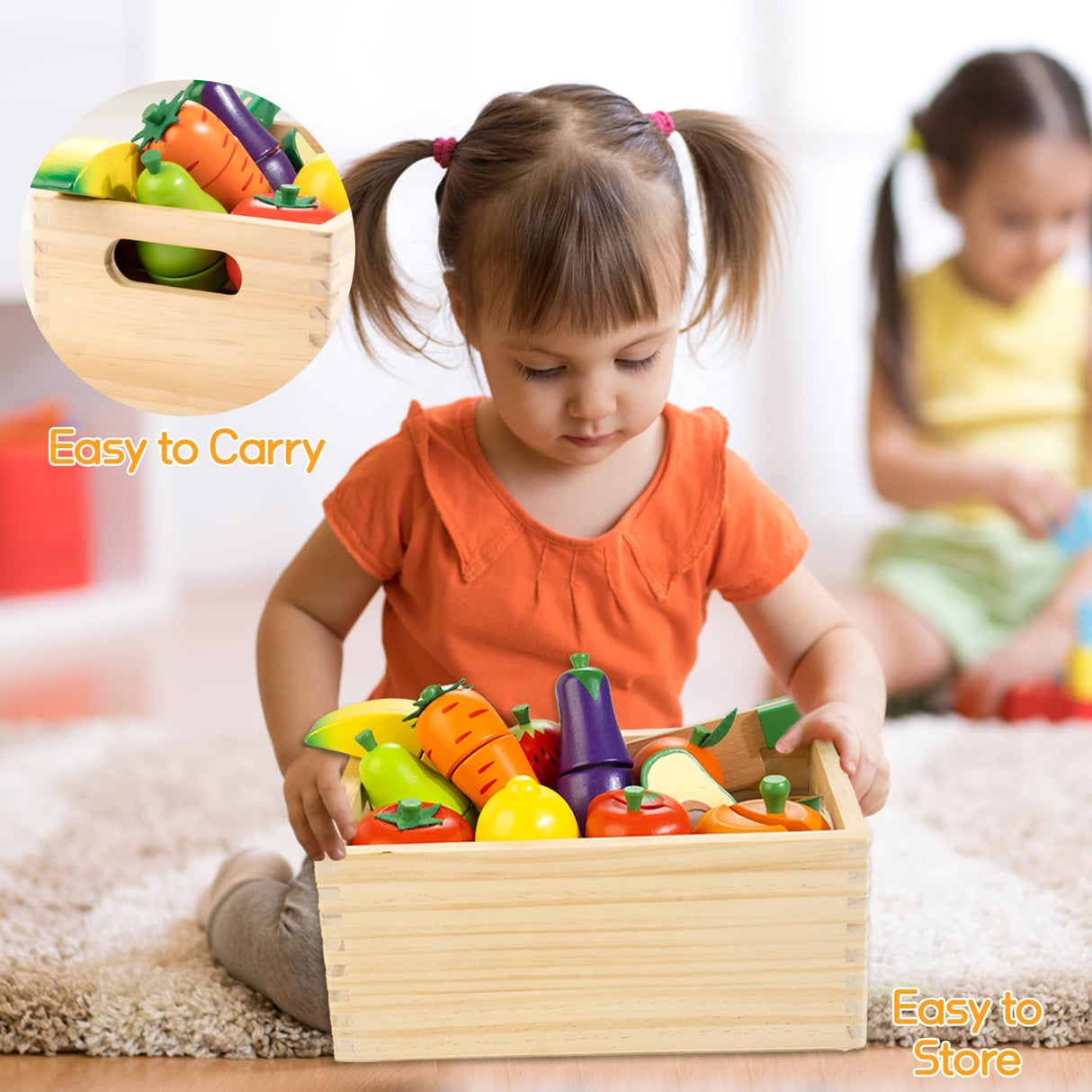 Wooden Play Food for Toddlers, Velcro Fruit and Veggies Cutting Set for Kids, Pretend Food Play Kitchen Accessories for 3 4 5 6 7 Years Old Boys & Girls WOODMAM