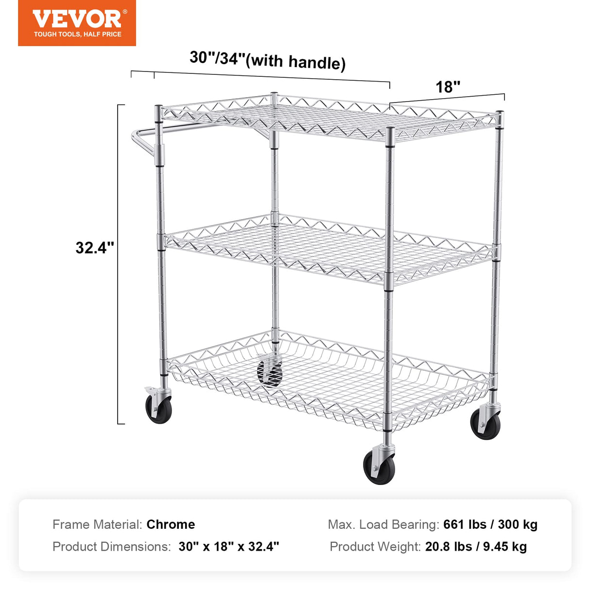 VEVOR Kitchen Utility Cart, 3 Tiers, Wire Rolling Cart with 661 LBS Capacity, Steel Service Cart on Wheels, Metal Storage Trolley with 80 mm Deep Basket Curved Handle 6 Hooks, NSF Listed VEVOR