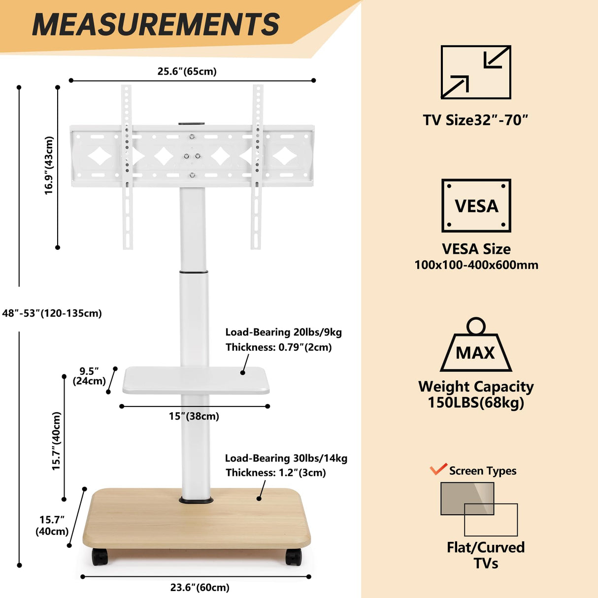 Hellsehen Rolling TV Stand for 32-70 Inch Flat Curved LED LCD OLED Screens up to 100lbs Height Adjustable Mobile TV Cart with Lockable Wheels & Laptop Shelf for Bedroom Outdoor Office Small Dorm White Hellsehen