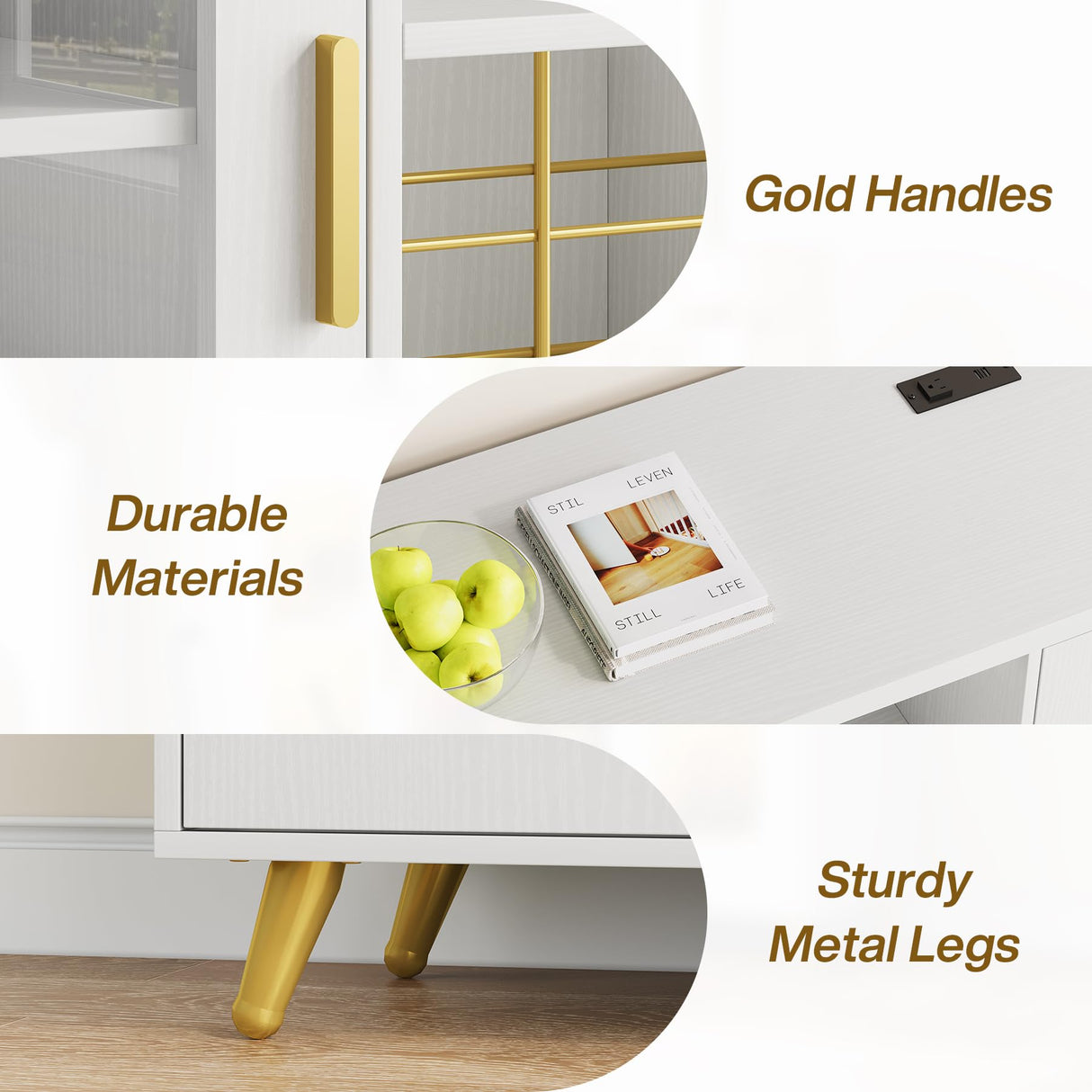 Condemo Wine Bar Cabinet with LED Light, Modern Coffee Bar Cabinet with Power Outlet, Liquor Cabinet with Wine Rack Glasses Holder, Sideboard Buffet Cabinet for Dining Room Living Room Kitchen, White Condemo