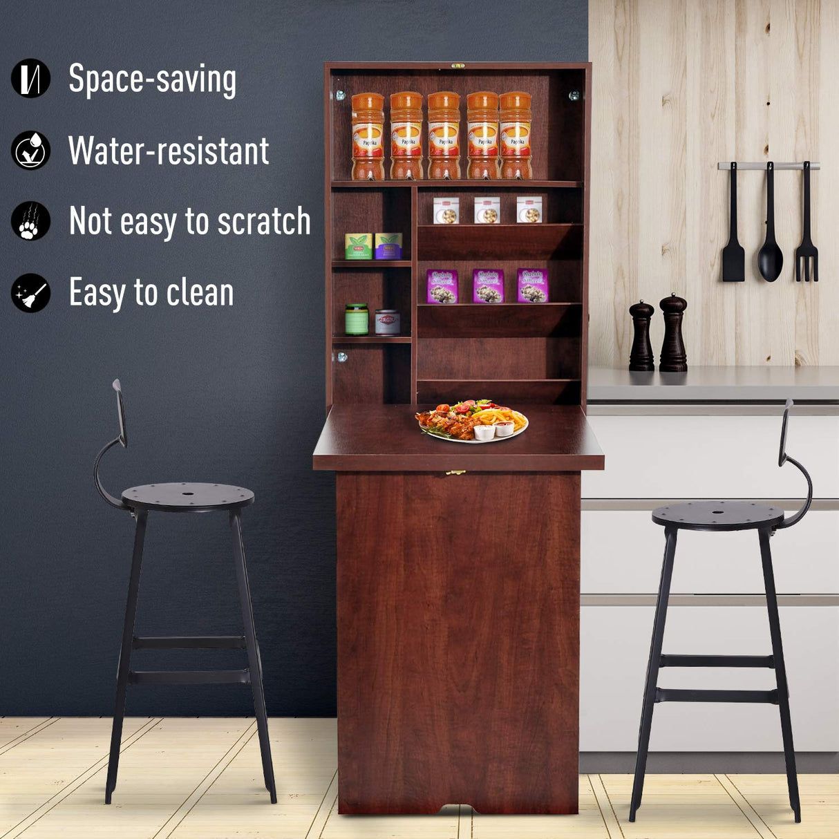 HOMCOM Wall Mounted Desk, Fold Out Convertible Desk, Multi-Function Computer Table Floating Desk with Shelves for Home Office, Mahogany HOMCOM