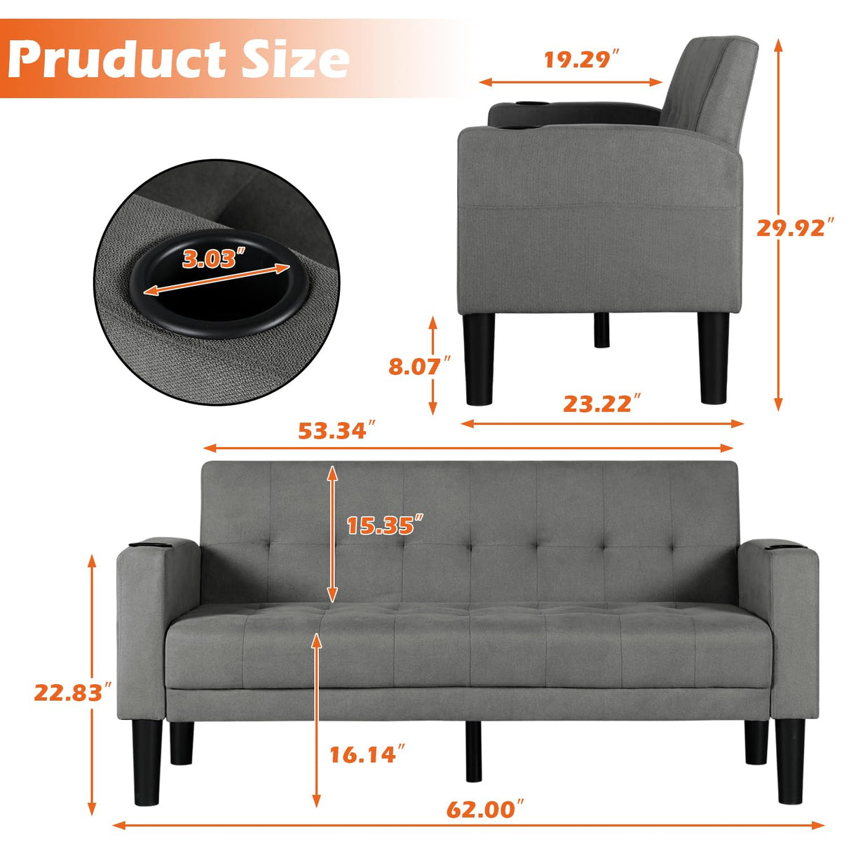 AILEEKISS 62" Loveseat Couches Upholstered Fabric Linen Love Seat Sofas Couch with 2 USB, Cup Holders, Side Pocket, Modern Tufted Sofa for Living Room, Office, Bedroom, Apartment (2-Seat, Dark Grey) AILEEKISS