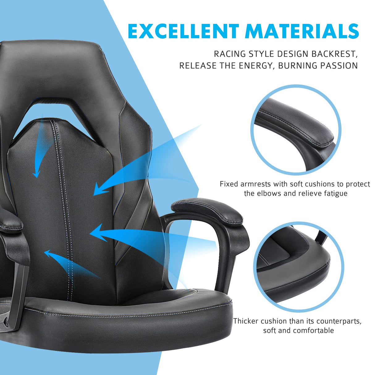 OLIXIS Computer Gaming Chair - PU Leather Ergonomic Office Chair Swivel Desk Chair with Lumbar Support, Executive Chair with Padded Armrest and Seat Cushion for Adults, Grey OLIXIS