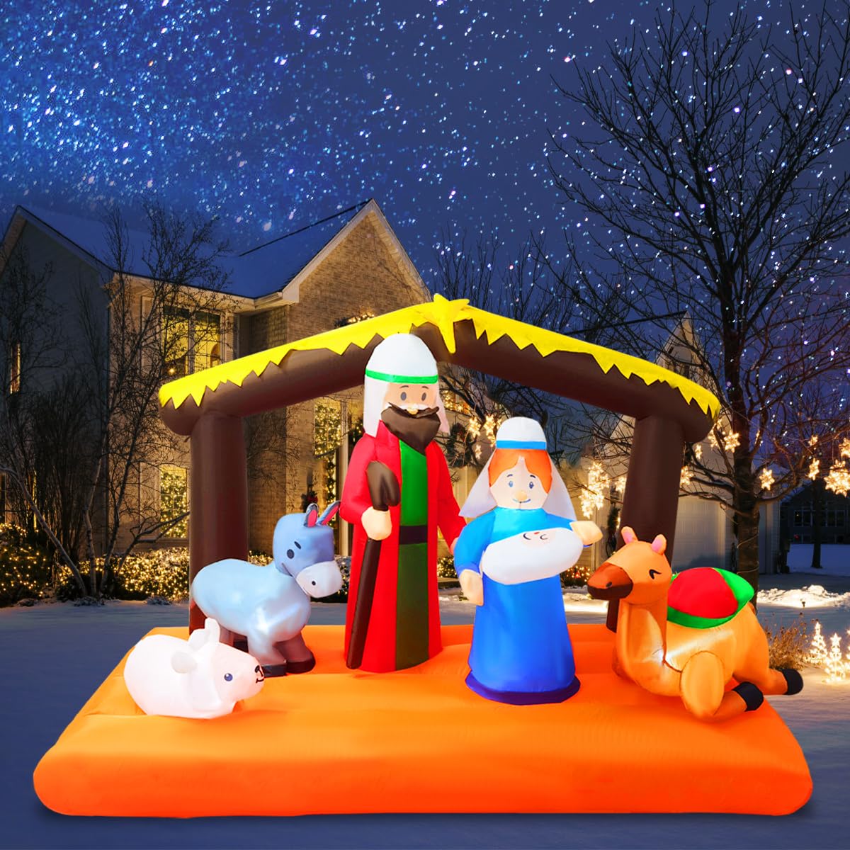 8 FT Christmas Inflatable Nativity Scene with Baby Jesus, Parents, Donkey, Sheep, Star, Blow Up Birth of Jesus Manger Scene Set Indoor & Outdoor Decorations Garden, Lawn, Yard, Christmas Parties AIGNC