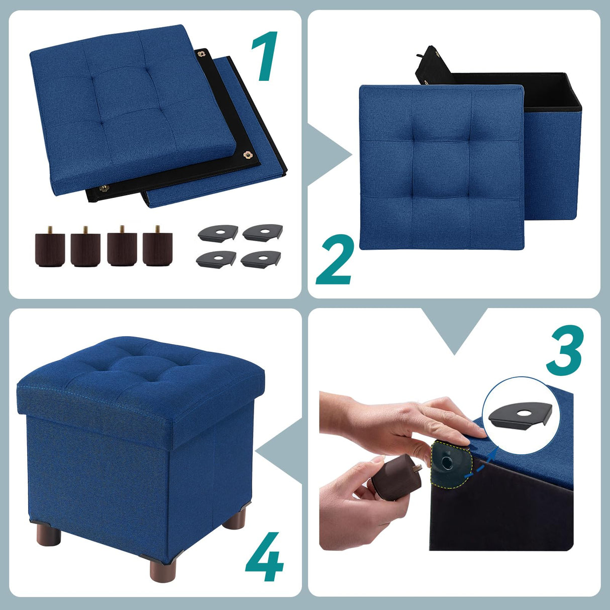 BRIAN & DANY Small Ottoman with Storage, Small Storage Ottoman, Folding Foot Stool with Wood Legs for Living Room and Bedroom Linen Rest Seat, 12.6"x12.6"x12.8" - Blue BRIAN & DANY