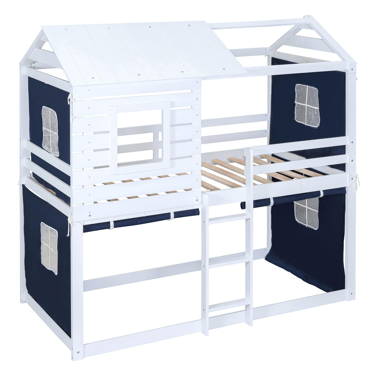 Harper & Bright Designs Twin Over Twin Bunk Bed, Wood Twin Size Bunk House Bed with Tent and Windows, Blue+White Harper & Bright Designs
