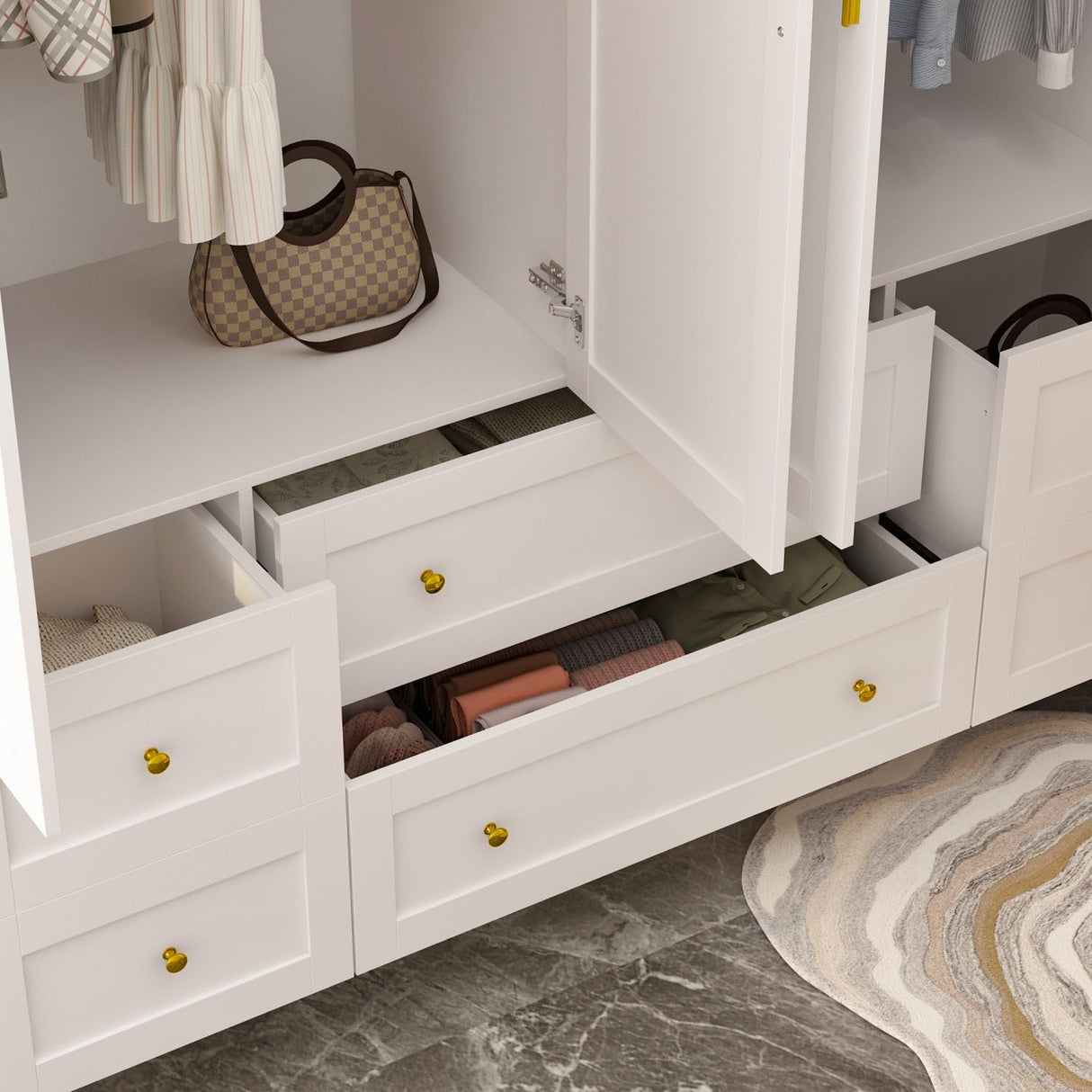 TAMUNE Large Wardrobe Armoire Closet with 4 Doors, White Wardrobe with Hanging Rods and Drawers, Shelf, Bedroom Armoire, Modern Clothes Wardrobes with Gold Handles, 19.7”D x 63”W x 70.9”H TAMUNE