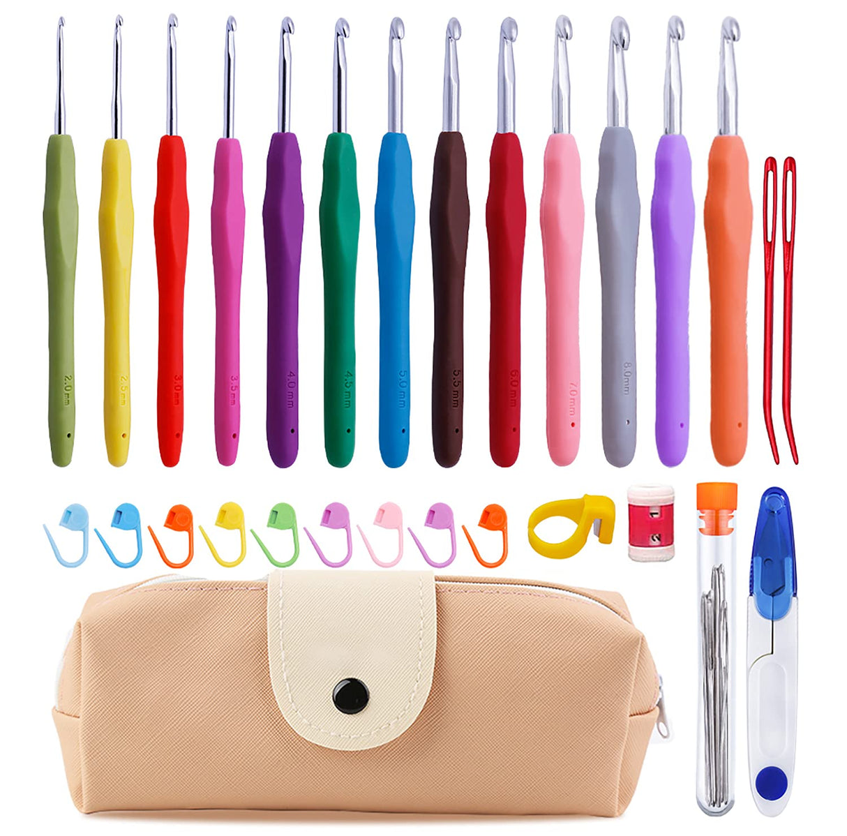 38 Pack Crochet Hooks Set, 13 Pcs 2mm(b)-10mm(n) Ergonomic Soft Grip Crochet Handles, Crochet Needle with Storage Case, for Arthritic Hands, Extra Long Knitting Needles Mayboos