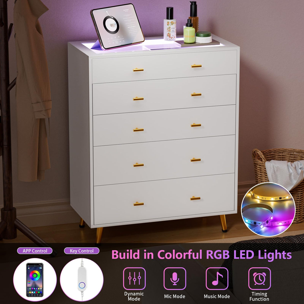 JanflyHome Drawer Dresser with LED Lights, 38" H Tall Tempered Glass Top Dresser, Modern White Wood Chest of Drawers with Jewelry Organizer & Jewelry Display for Bedroom, Living Room, White JanflyHome