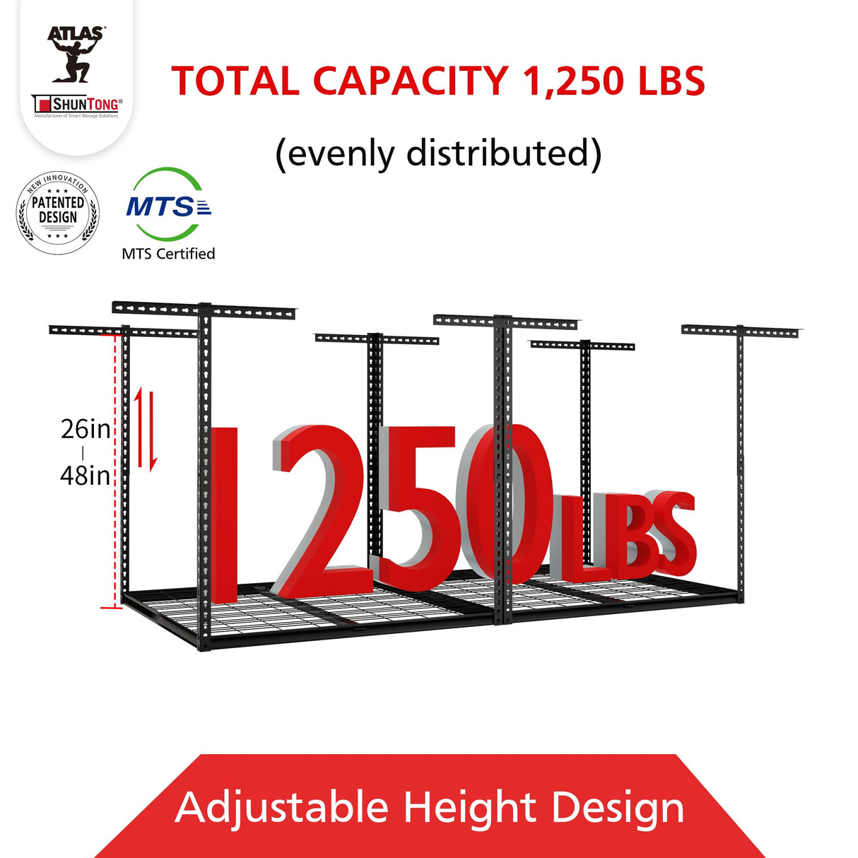 Shuntong The Atlas Pro 4 x 8 ft Overhead Garage Storage Rack, Ultra Duty 1250lbs Weight Capacity, Adjustable Height 26"-48", Hammertone Shuntong