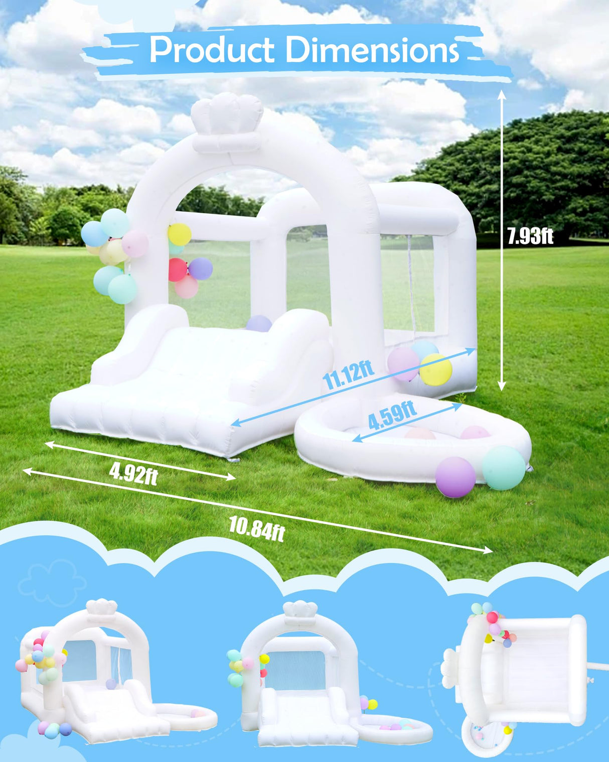 White Bounce House, Inflatable Bounce House with Slide&Ball Pit,11x11FT Inflatable Bounce Castle with Air Blower for Wedding Party Kids Birthday Party, Durable Oxford Cloth… (White Bounce House) Step4Fun