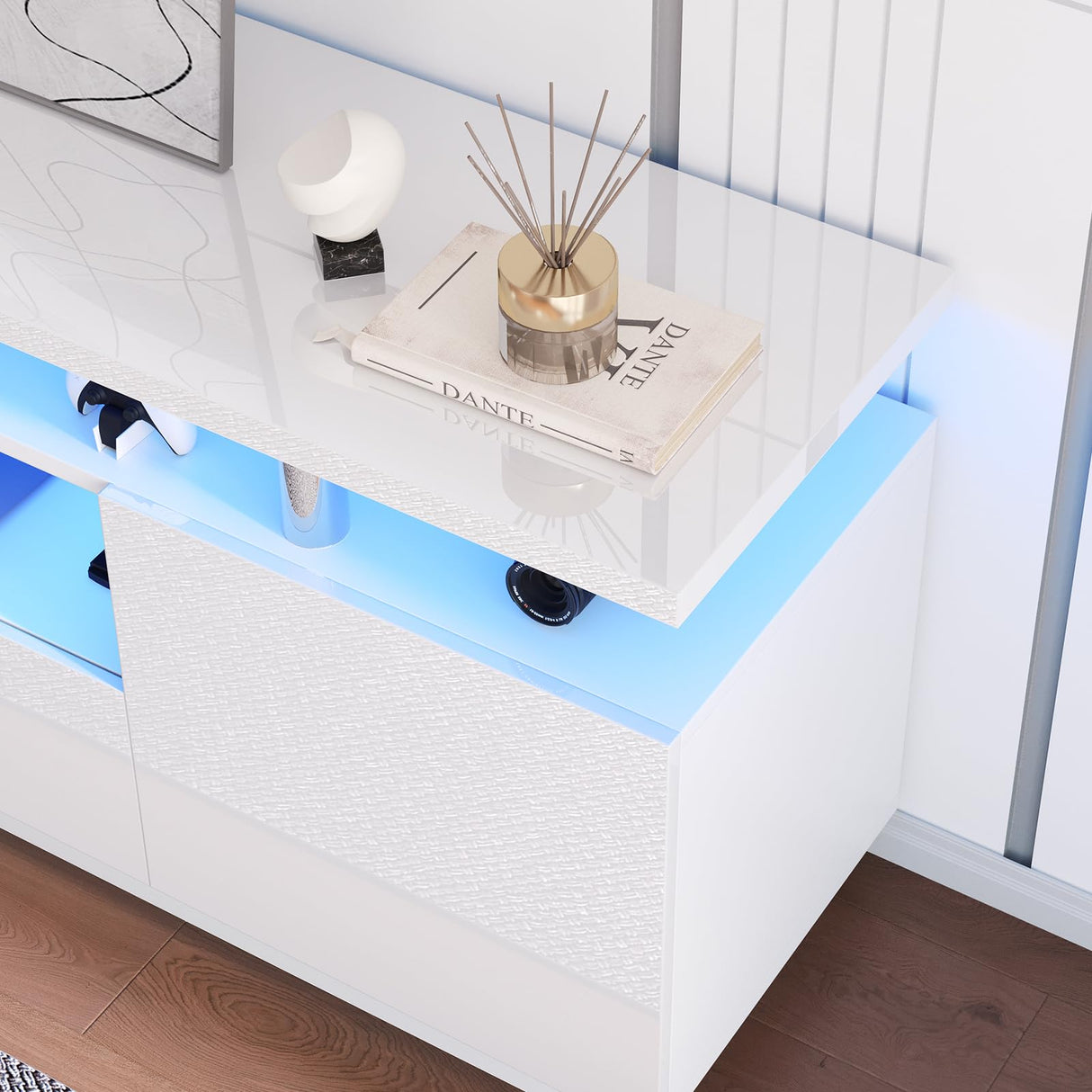 LUXOAK 70in LED TV Stand, Modern Entertainment Center with Open Storage Shelves and Drawer for TVs Up to 80", High Gloss Media for Living Room, Bedroom, Gaming Room, White LUXOAK