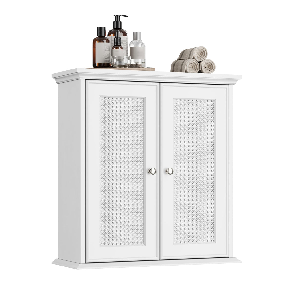 Smuxee White Bathroom Cabinet Wall Mounted with Rattan Doors, Bathroom Medicine Cabinet with Adjustable Shelf, Bathroom Wall Cabinet Over Toilet for Laundry Room Kitchen Smuxee