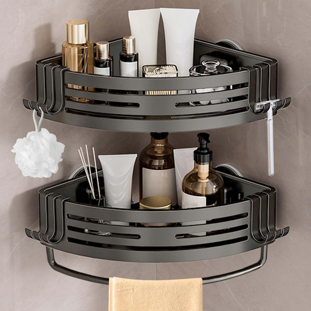 Conworld Corner Shower Caddy with Suction Cups, Shower Suction Shelf With Towel Bar, Wall Bathroom Shower Organizer Corner with Hooks, No-Drilling Removable (Aluminum, 2-Pack, Gunmetal Gray) Conworld