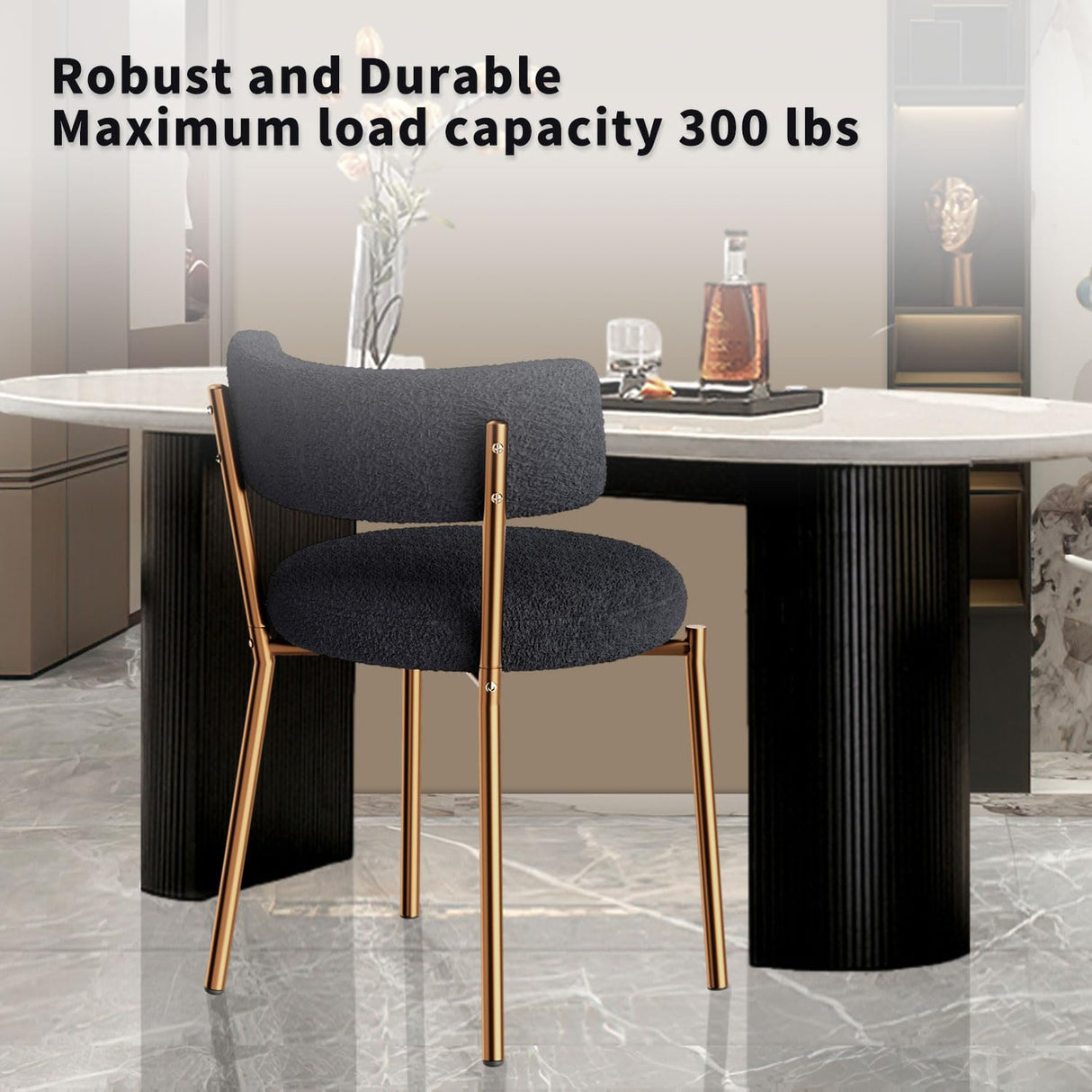 HAIZAO Modern Dining Chairs Set of 4, Round Upholstered Boucle Sherpa Dining Chairs, Curved Backrest Kitchen Dining Room Chairs, Mid-Century Black Dining Chair with Golden Metal Legs HAIZAO