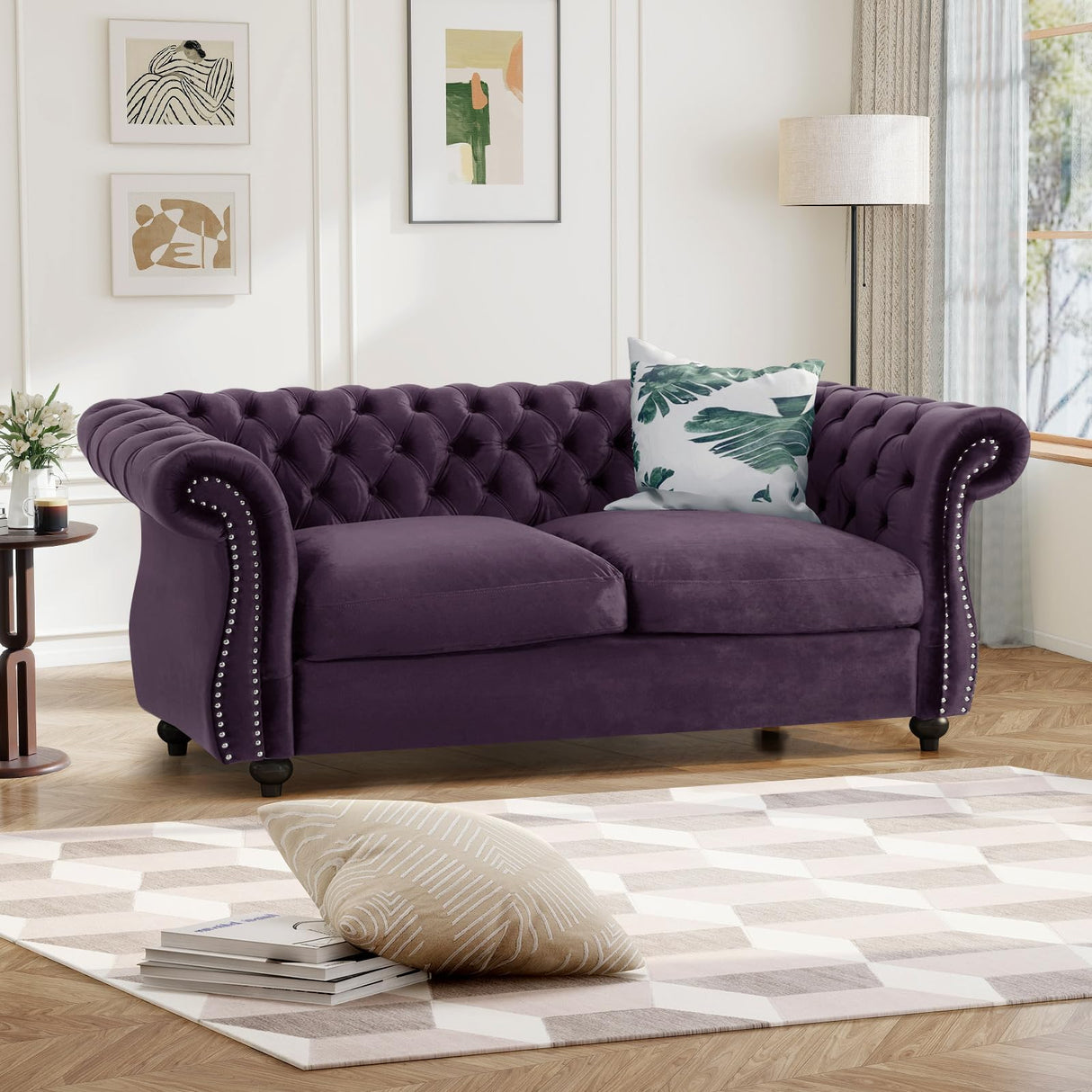 61"W Mid Century Modern Chesterfield Couch,Upholstered Velvet Loveseat Sofa with Button Tufted & Rolled Armrests,Comfy Deep Seat Sofa with Nailhead Trim & Gourd Legs for Living Room,Apartment(Purple) JEEOHEY