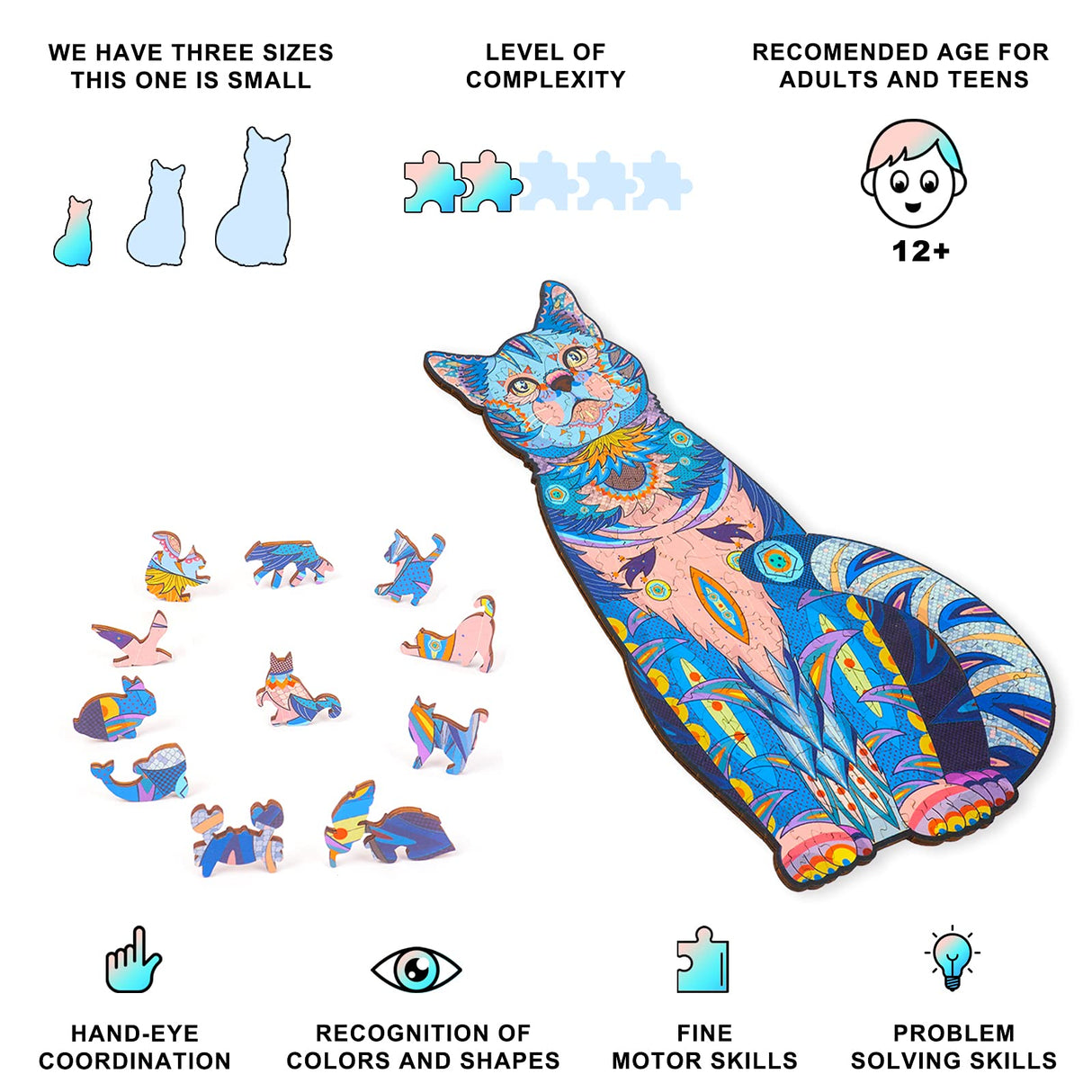 Wooden Puzzles for Adults, Wooden Blue Cat Jigsaw Puzzles with Animal Shaped Pieces, Unique Wood Cat Shape Puzzle for All Ages, Ideal for Challenging and Gift (6.1×11 inches) 100 pcs - S Tryuunion