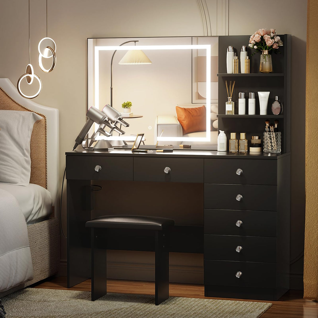 VOWNER Vanity with Lighted Mirror - 47" Makeup Vanity Desk with 7 Drawers, 3 Storage Shelves and Outlet, 3 Color Lighting Modes with Adjustable Brightness, Makeup Desk with Stool for Bedroom,Black VOWNER