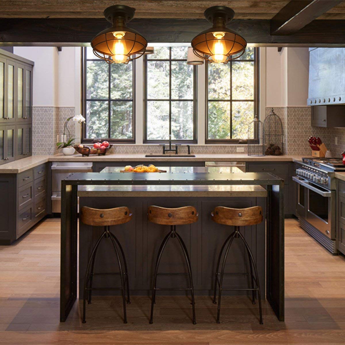 Farmhouse Flush Mount Ceiling Light - Easric Industrial Ceiling Light Fixture Rustic Black Metal Cage Close to Ceiling Lamp E26 Base for Hallway Foyer Kitchen Porch FRIDEKO HOME