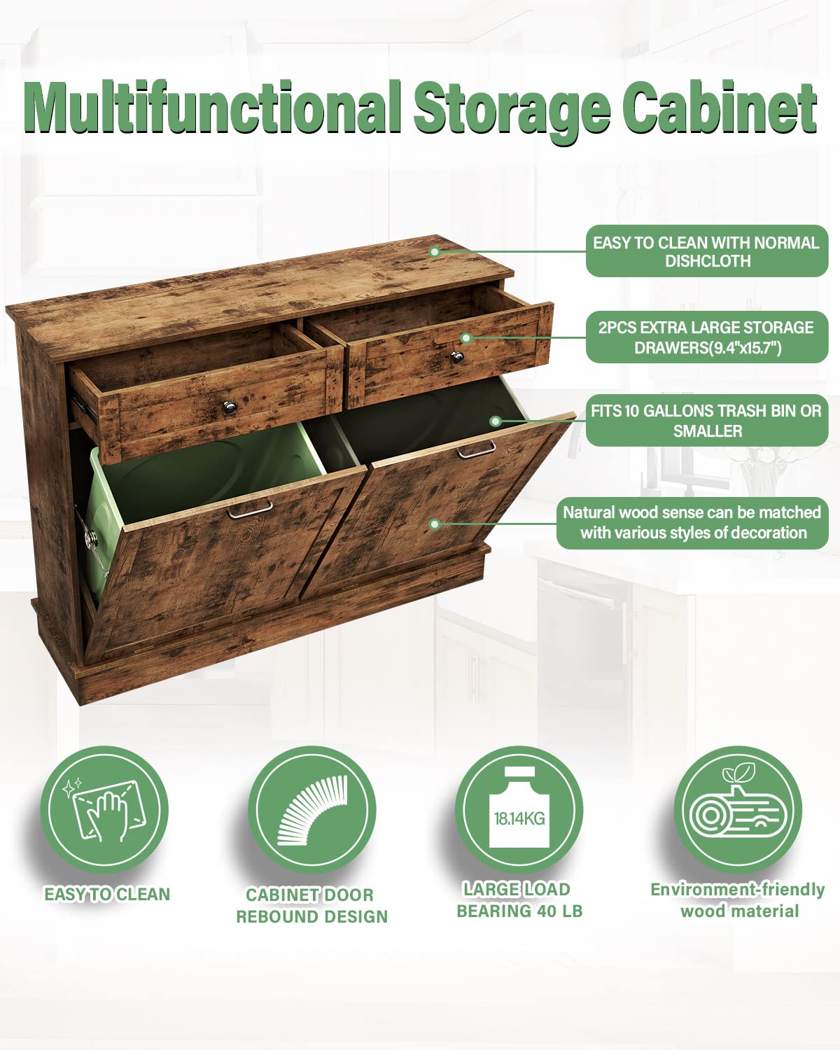 TC-HOMENY Tilt Out Trash Cabinet with Drawer, Free Standing Trash Can Cabinets, Manual and Auto Mode Shutdown Cabinet Door, Recycling Can Cabinet Home, Kitchen, Living Room TC-HOMENY