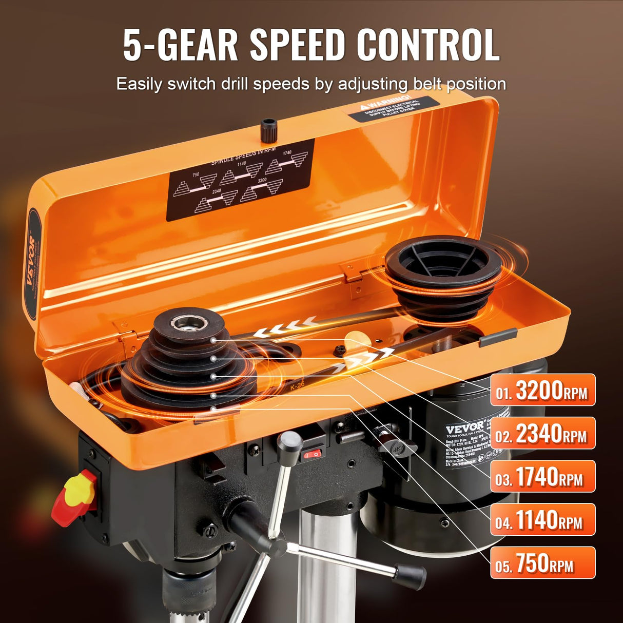 VEVOR 8 in Benchtop Drill Press, 2.3A Induction Motor, Tabletop Drilling Machine with 750/1140 / 1740/2340 / 3200 RPM Adjustable Speed, 0-45° Tilting Worktable, LED Work Light, for Wood Metal VEVOR